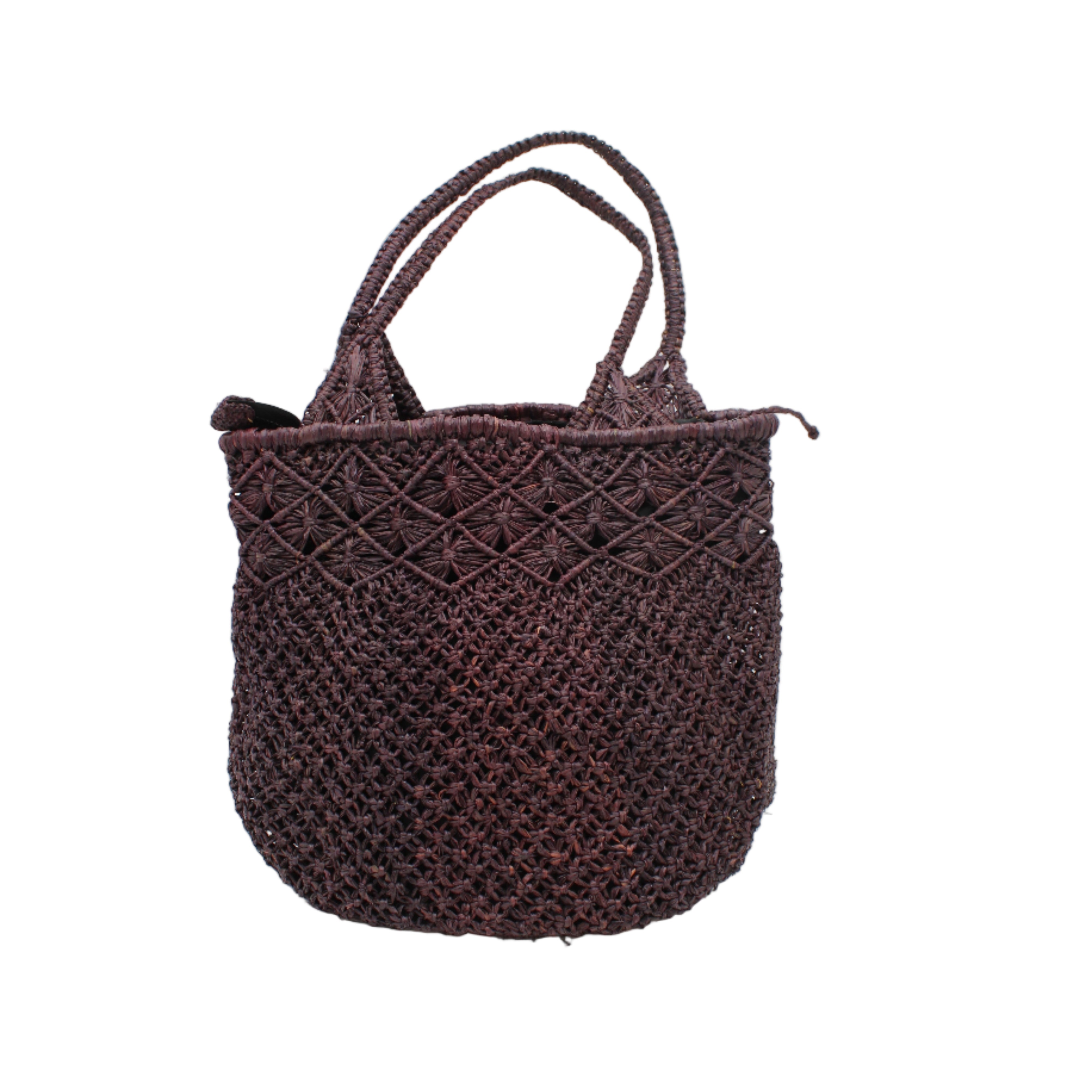 Luca Macrame Diamonds Crochet Straw Handbag handmade knotted natural raffia palm fiber in a solid hue of Mocha chocolate/dark/brown in a multi-texture circular pattern of concentric spiral links on the base, cross-hatch x pattern up 2/3rds of the bag, and geometric diamond flower pattern around the top third, with diamond pattern on the base of the shoulder strap handles with tubular loop handle tops - Shebobo