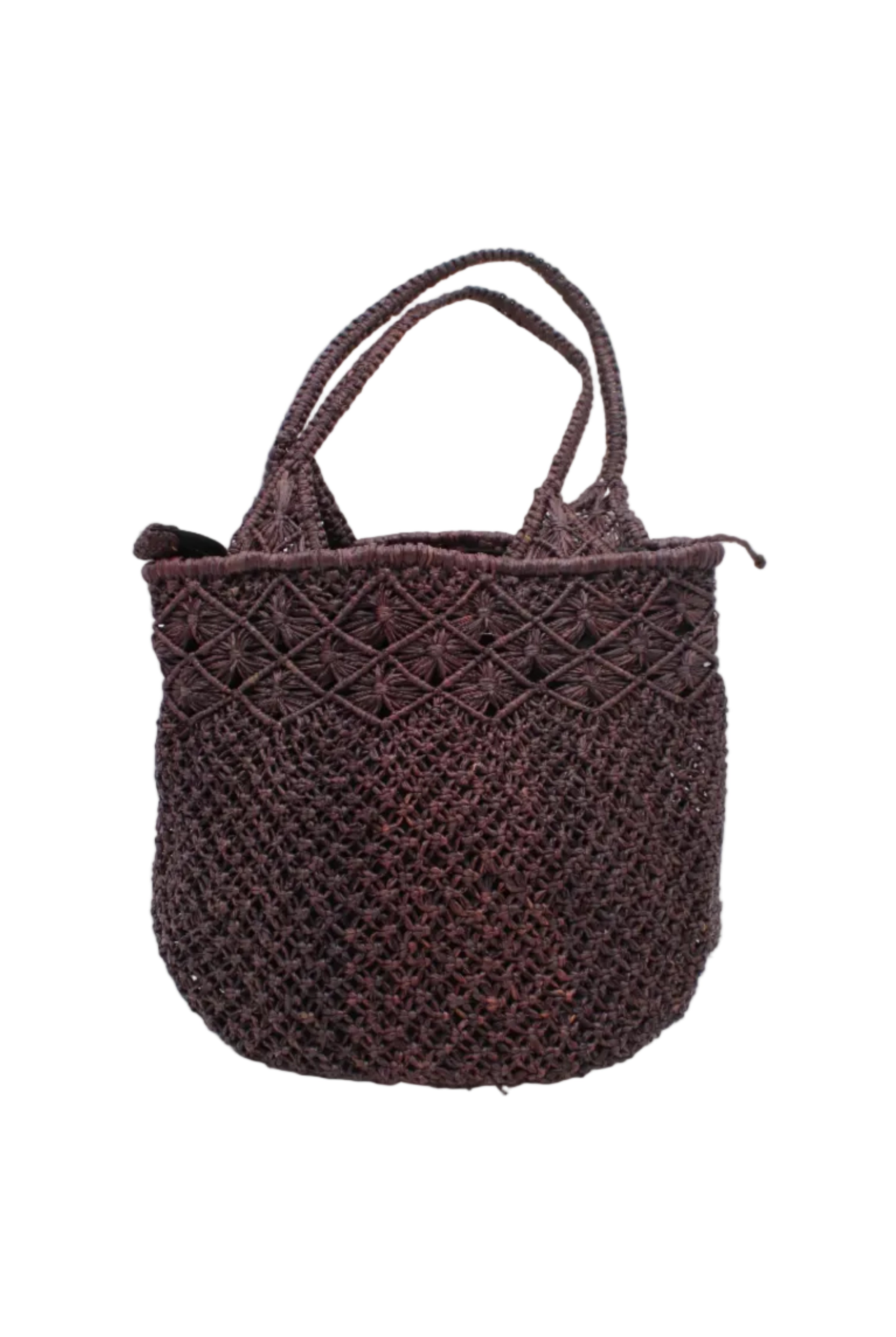 Luca Macrame Diamonds Crochet Straw Handbag handmade knotted natural raffia palm fiber in a solid hue of Mocha chocolate/dark/brown in a multi-texture circular pattern of concentric spiral links on the base, cross-hatch x pattern up 2/3rds of the bag, and geometric diamond flower pattern around the top third, with diamond pattern on the base of the shoulder strap handles with tubular loop handle tops - Shebobo