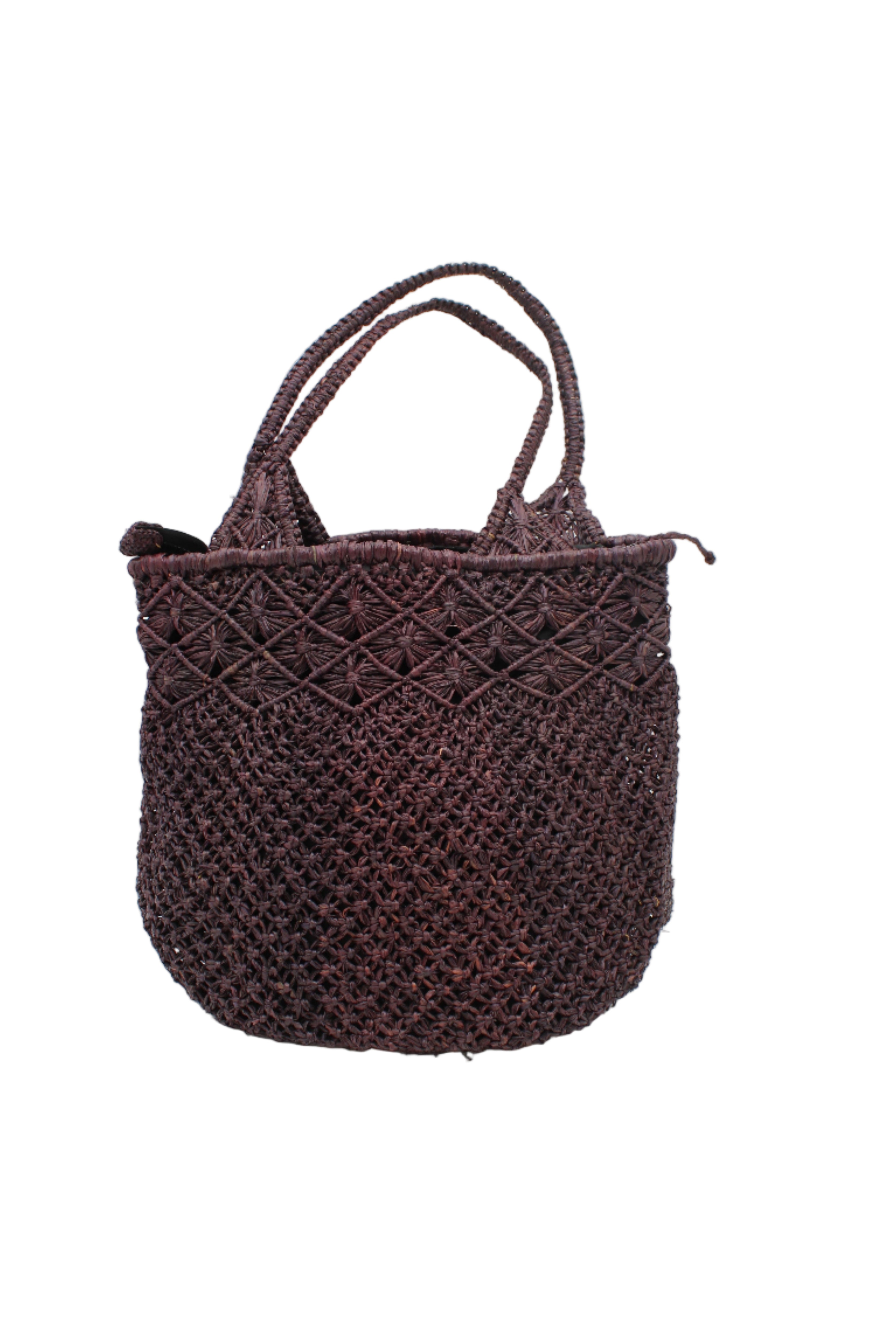Luca Macrame Diamonds Crochet Straw Handbag handmade knotted natural raffia palm fiber in a solid hue of Mocha chocolate/dark/brown in a multi-texture circular pattern of concentric spiral links on the base, cross-hatch x pattern up 2/3rds of the bag, and geometric diamond flower pattern around the top third, with diamond pattern on the base of the shoulder strap handles with tubular loop handle tops - Shebobo