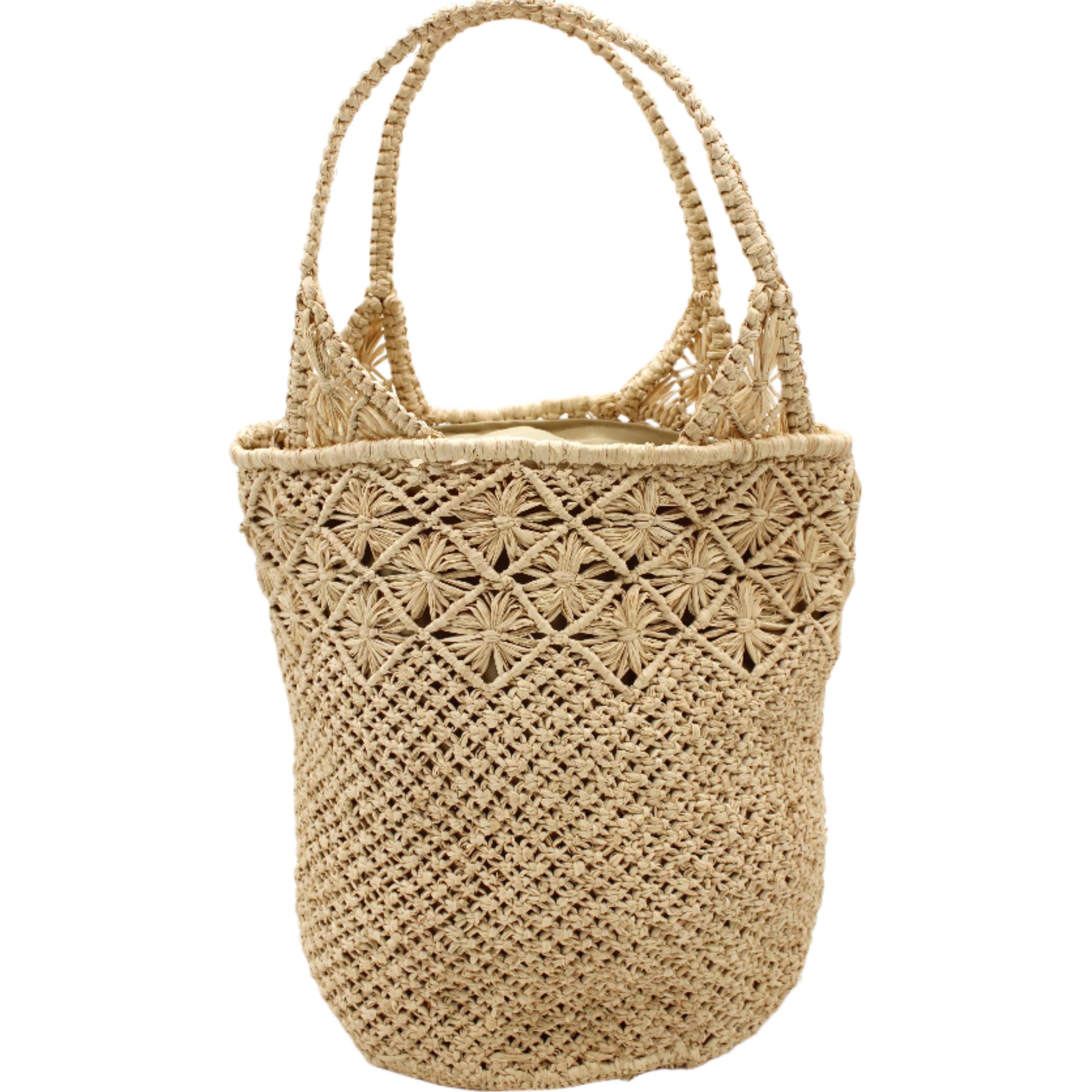 Luca Macrame Diamonds Crochet Straw Handbag handmade knotted natural raffia palm fiber in a solid hue of Natural straw color in a multi-texture circular pattern of concentric spiral links on the base, cross-hatch x pattern up 2/3rds of the bag, and geometric diamond flower pattern around the top third, with diamond pattern on the base of the shoulder strap handles with tubular loop handle tops - Shebobo
