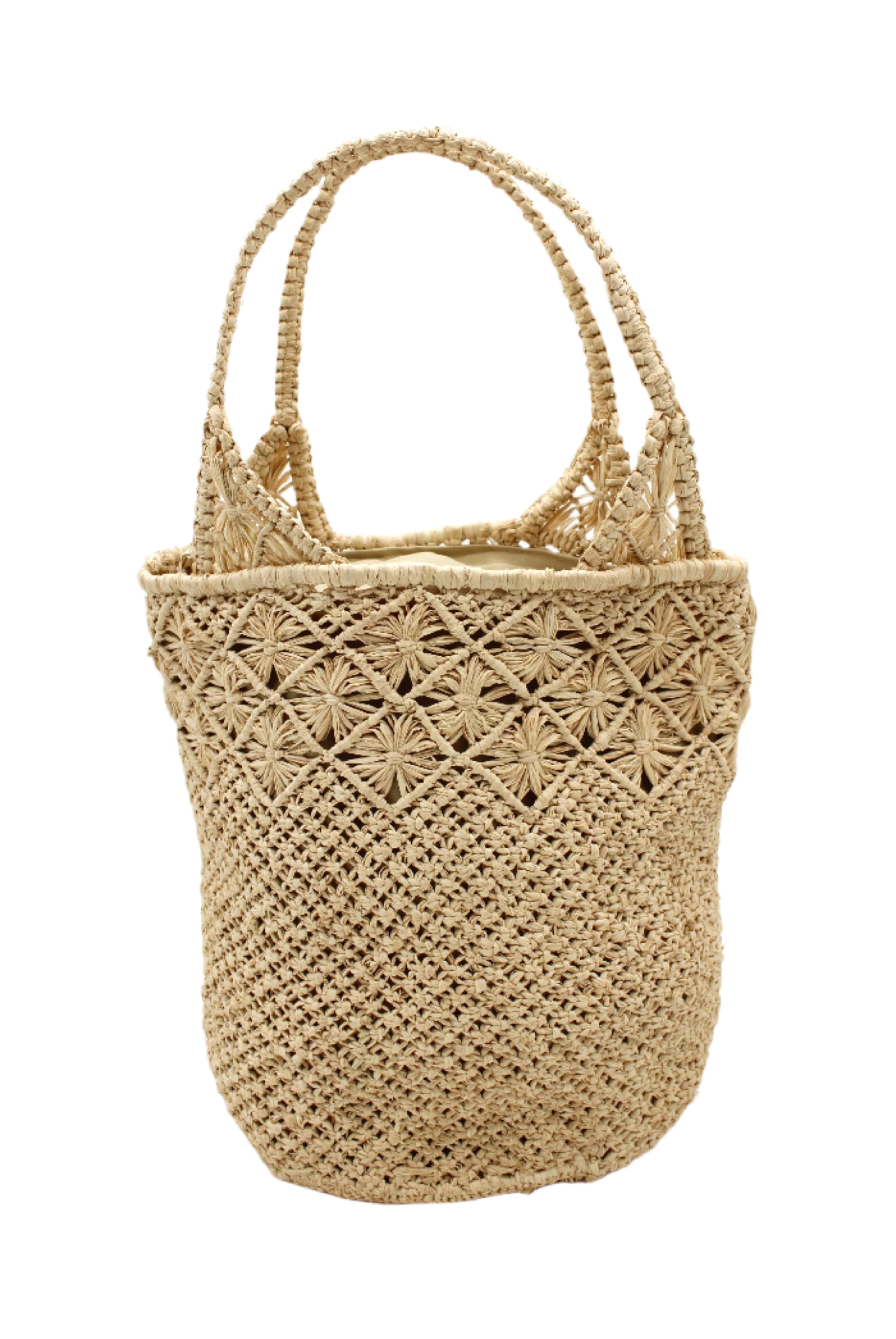 Luca Macrame Diamonds Crochet Straw Handbag handmade knotted natural raffia palm fiber in a solid hue of Natural straw color in a multi-texture circular pattern of concentric spiral links on the base, cross-hatch x pattern up 2/3rds of the bag, and geometric diamond flower pattern around the top third, with diamond pattern on the base of the shoulder strap handles with tubular loop handle tops - Shebobo