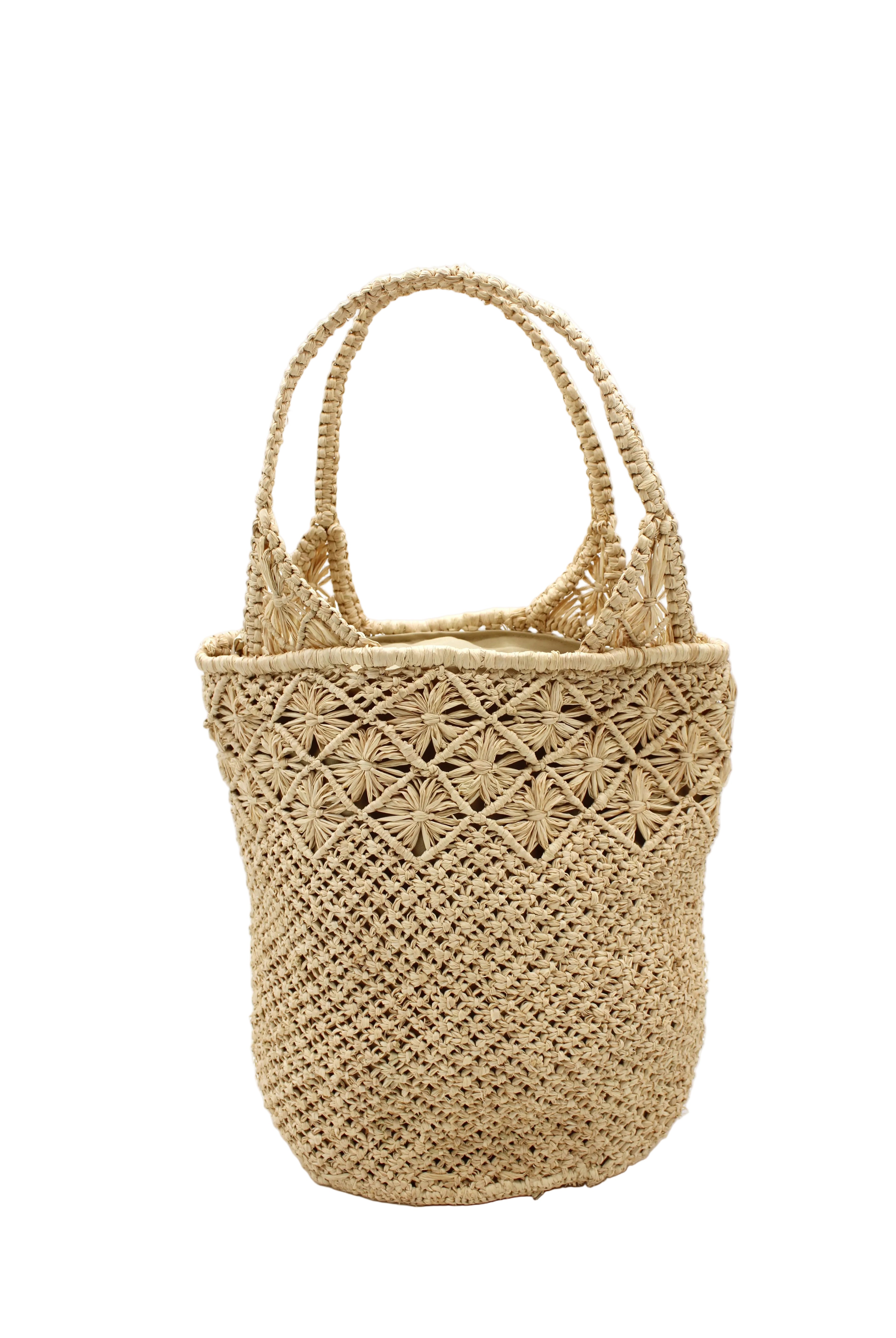 Luca Macrame Diamonds Crochet Straw Handbag handmade knotted natural raffia palm fiber in a solid hue of Natural straw color in a multi-texture circular pattern of concentric spiral links on the base, cross-hatch x pattern up 2/3rds of the bag, and geometric diamond flower pattern around the top third, with diamond pattern on the base of the shoulder strap handles with tubular loop handle tops - Shebobo