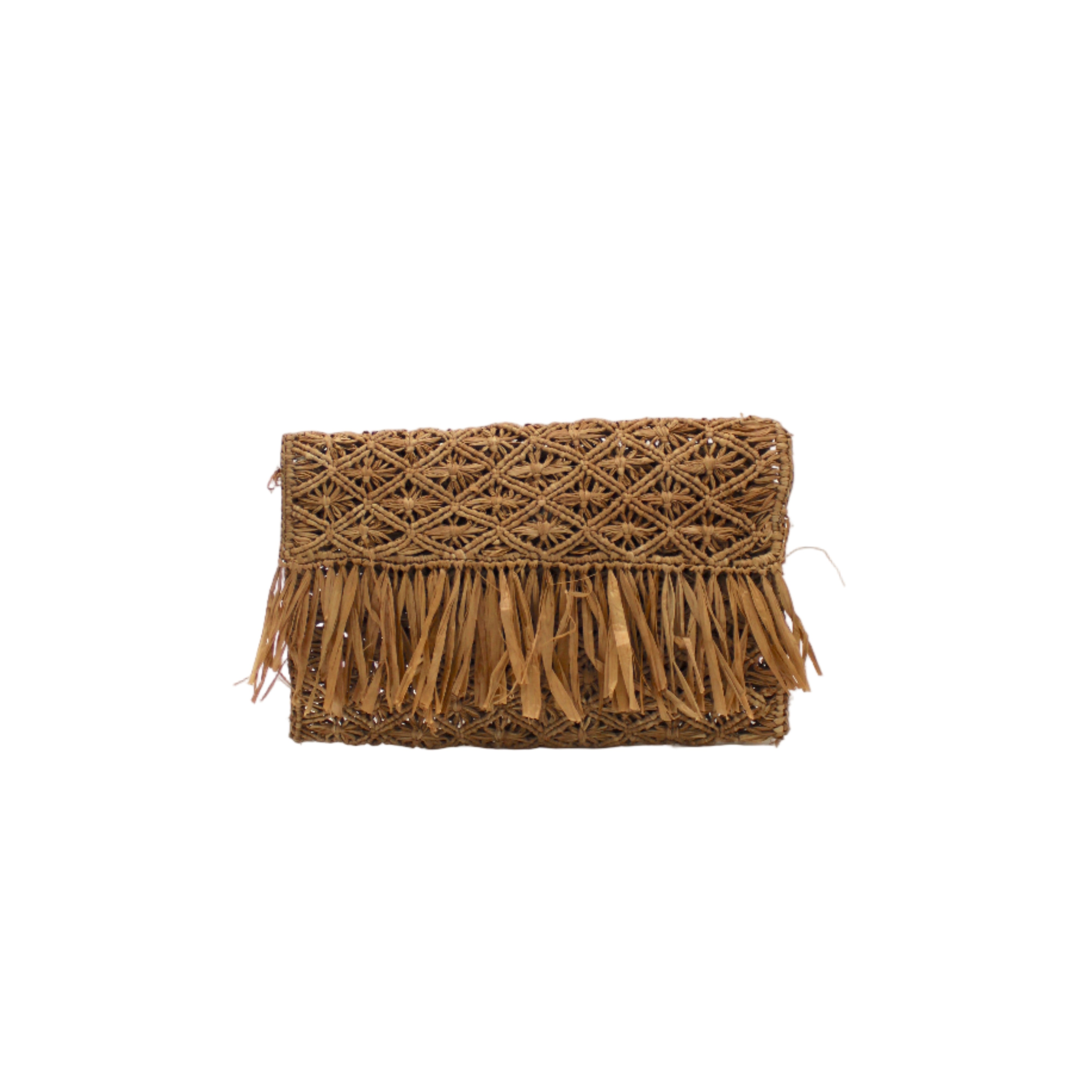 Luli Macrame Diamond and Crochet Straw Envelope Clutch Purse with Raw Fringe Trim Edge handmade macrame and crochet natural raffia palm fiber in a solid hue of Cappuccino tea/light/brown in a diagonal geometric pattern of starburst or flower inside diamonds with hand brushed raw fringe trim edge along the top flap of the envelope design handbag - Shebobo