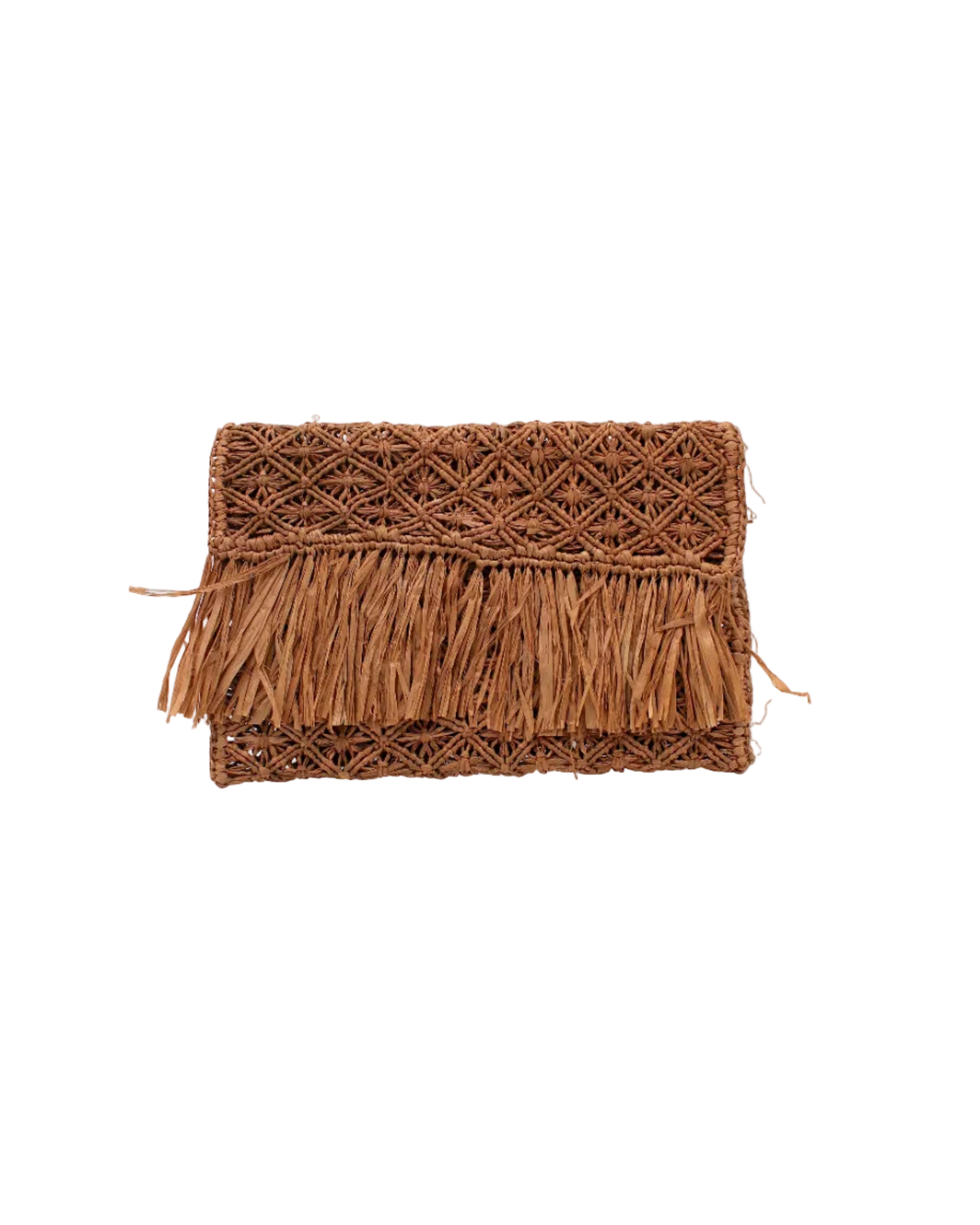 Luli Macrame Diamond and Crochet Straw Envelope Clutch Purse with Raw Fringe Trim Edge handmade macrame and crochet natural raffia palm fiber in a solid hue of Cappuccino tea/light/brown in a diagonal geometric pattern of starburst or flower inside diamonds with hand brushed raw fringe trim edge along the top flap of the envelope design handbag - Shebobo