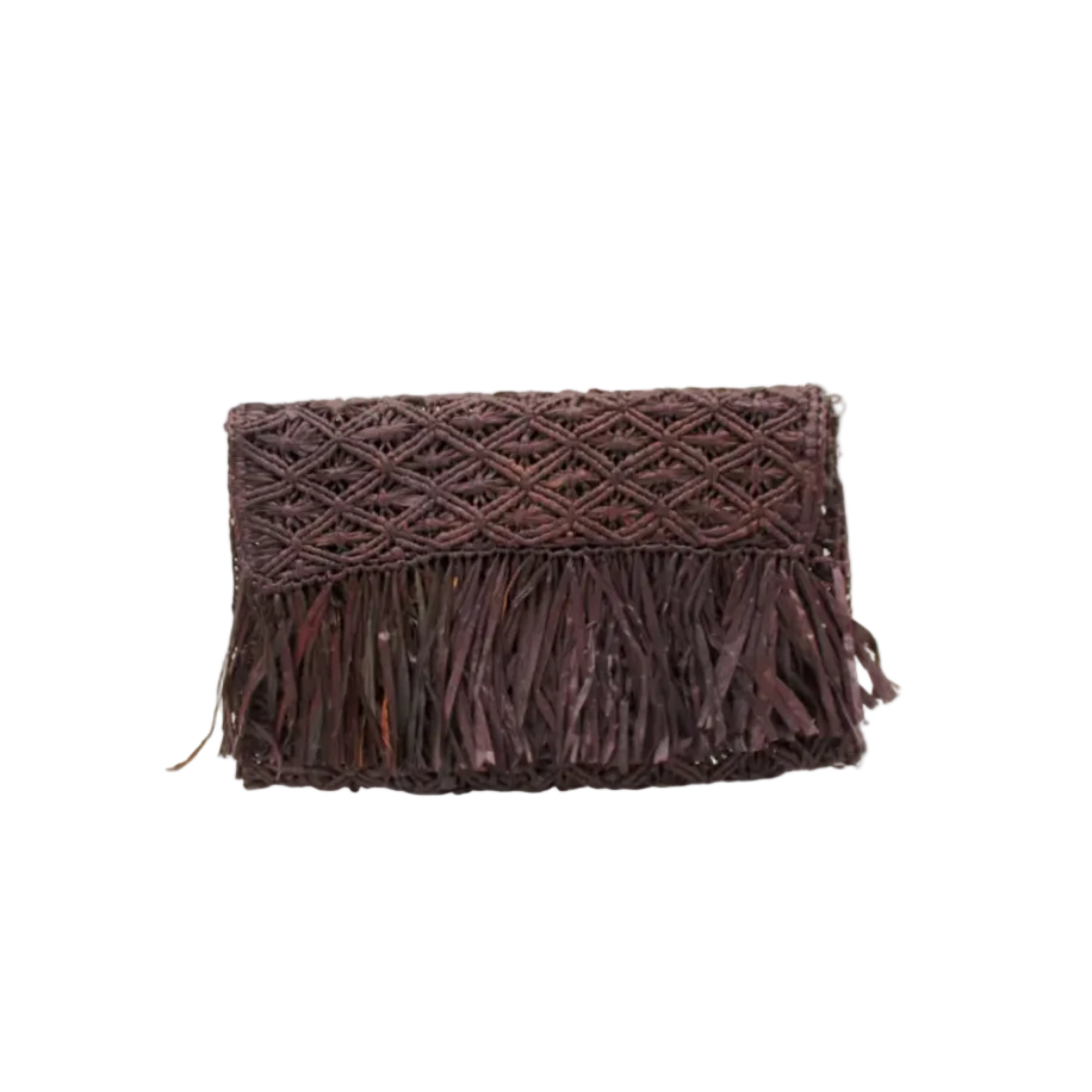 Luli Macrame Diamond and Crochet Straw Envelope Clutch Purse with Raw Fringe Trim Edge handmade macrame and crochet natural raffia palm fiber in a solid hue of Mocha dark/chocolate/brown in a diagonal geometric pattern of starburst or flower inside diamonds with hand brushed raw fringe trim edge along the top flap of the envelope design handbag - Shebobo