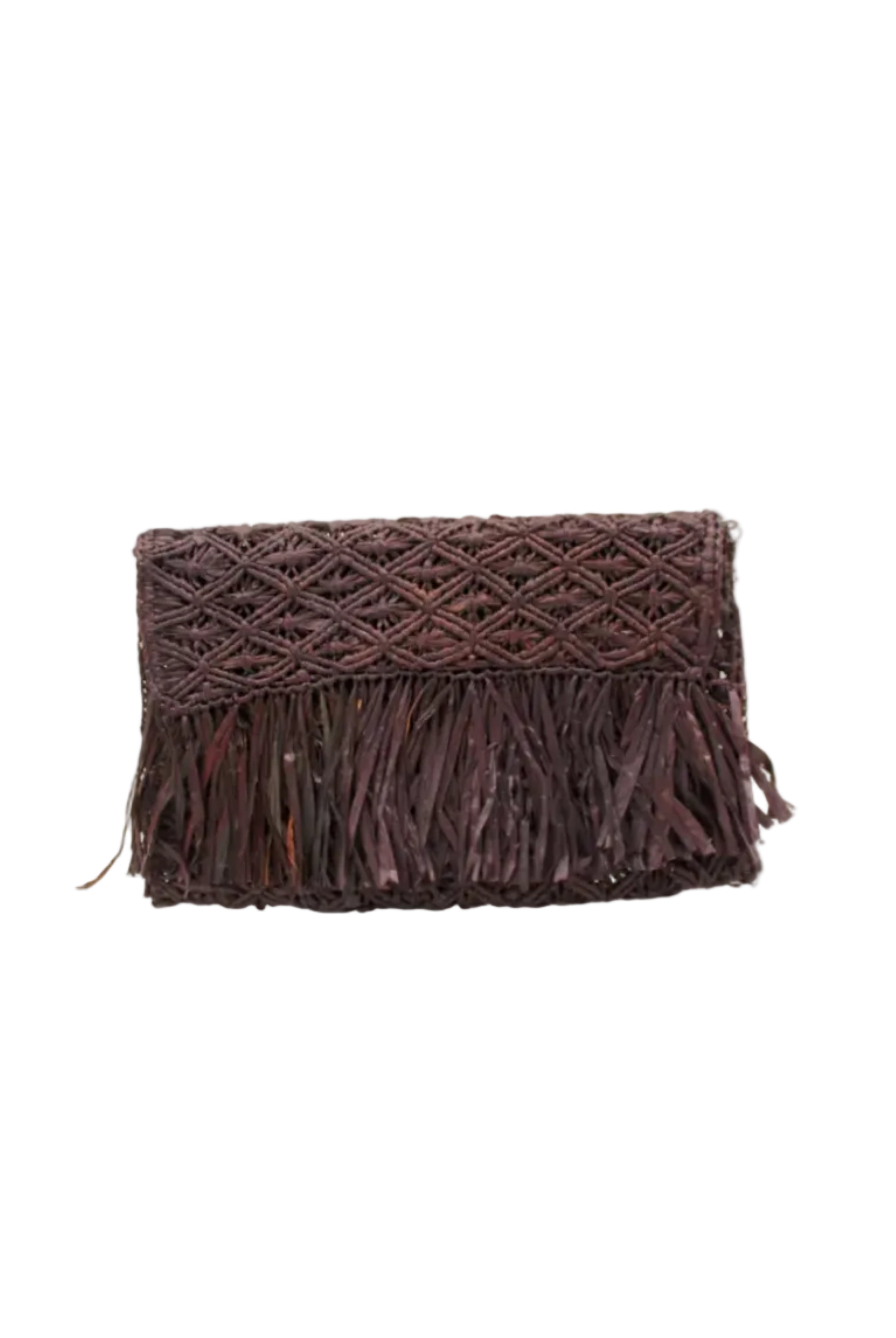 Luli Macrame Diamond and Crochet Straw Envelope Clutch Purse with Raw Fringe Trim Edge handmade macrame and crochet natural raffia palm fiber in a solid hue of Mocha dark/chocolate/brown in a diagonal geometric pattern of starburst or flower inside diamonds with hand brushed raw fringe trim edge along the top flap of the envelope design handbag - Shebobo