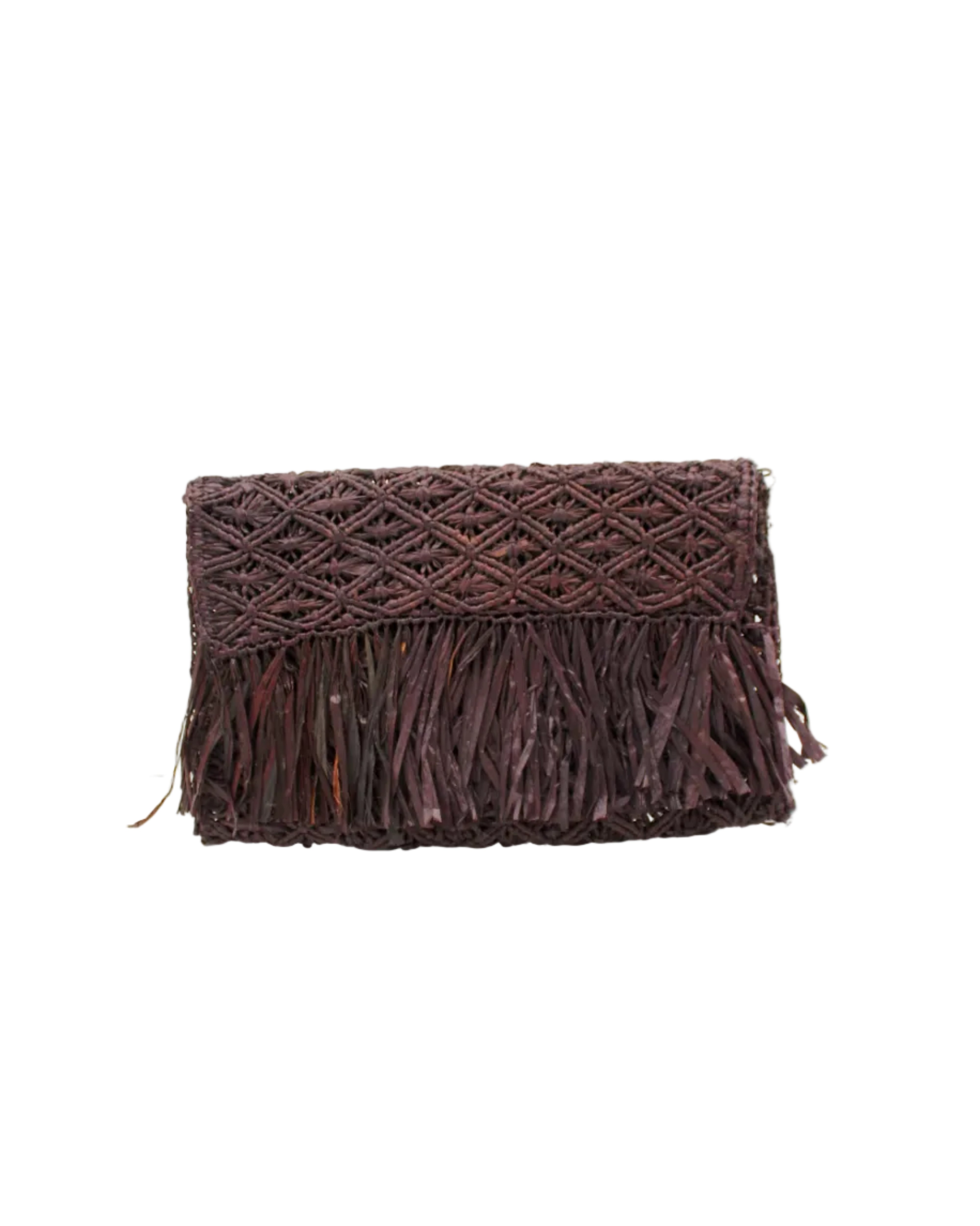 Luli Macrame Diamond and Crochet Straw Envelope Clutch Purse with Raw Fringe Trim Edge handmade macrame and crochet natural raffia palm fiber in a solid hue of Mocha dark/chocolate/brown in a diagonal geometric pattern of starburst or flower inside diamonds with hand brushed raw fringe trim edge along the top flap of the envelope design handbag - Shebobo