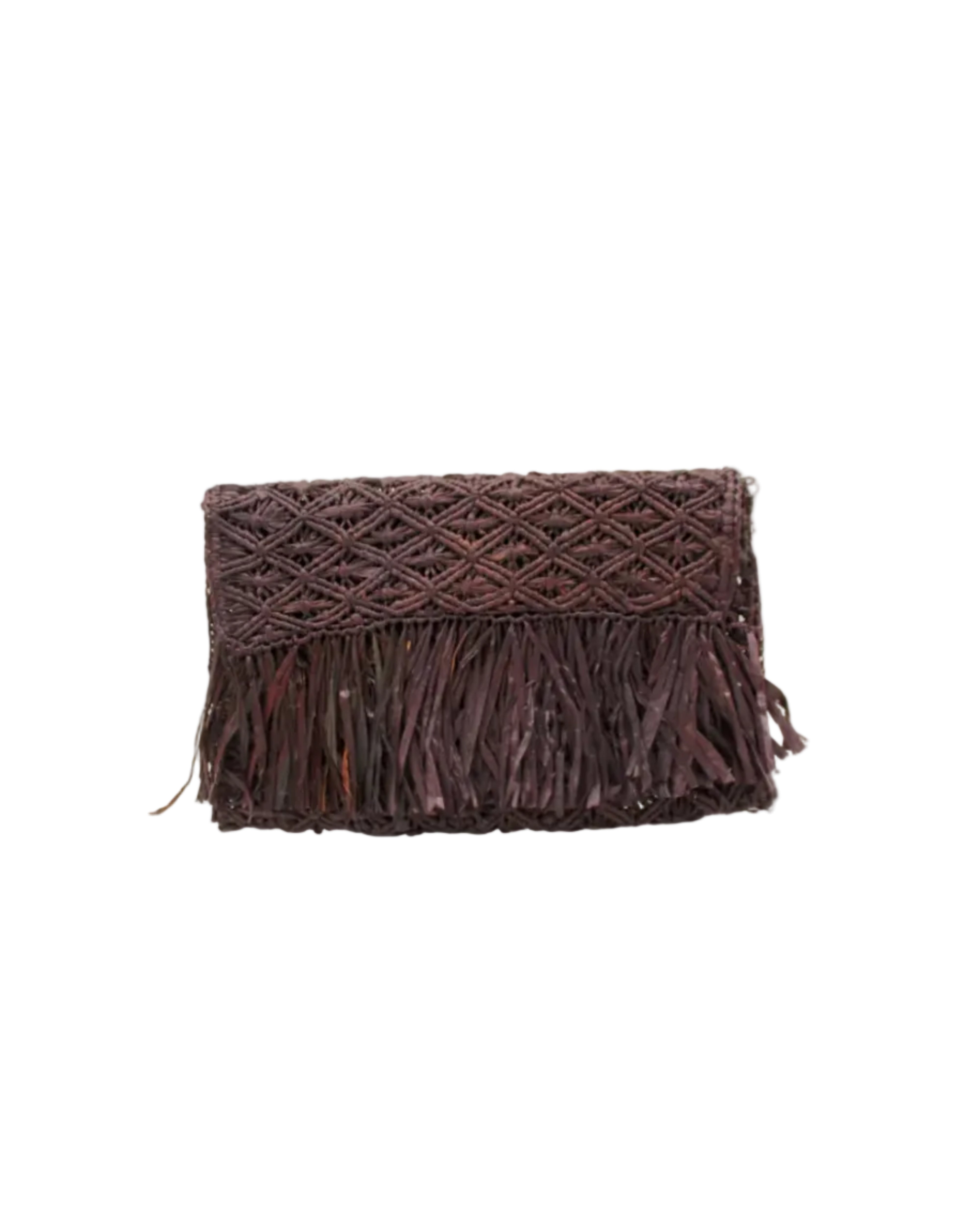 Luli Macrame Diamond and Crochet Straw Envelope Clutch Purse with Raw Fringe Trim Edge handmade macrame and crochet natural raffia palm fiber in a solid hue of Mocha dark/chocolate/brown in a diagonal geometric pattern of starburst or flower inside diamonds with hand brushed raw fringe trim edge along the top flap of the envelope design handbag - Shebobo