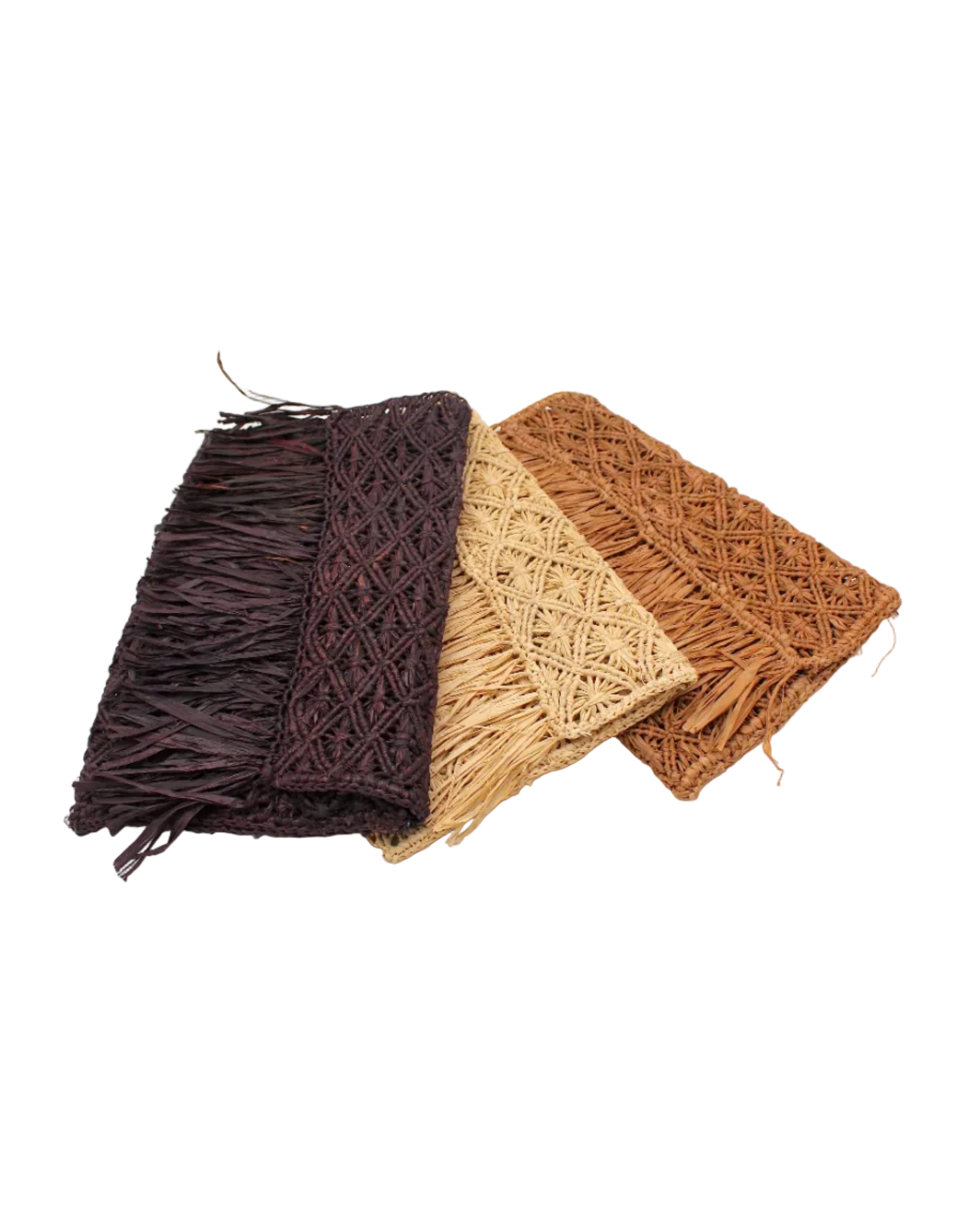 Multiple color options Luli Macrame Diamond and Crochet Straw Envelope Clutch Purse with Raw Fringe Trim Edge handmade macrame and crochet natural raffia palm fiber in a solid hue of Mocha, Natural, or Cappuccino in a diagonal geometric pattern of starburst or flower inside diamonds with hand brushed raw fringe trim edge along the top flap of the envelope design handbag - Shebobo