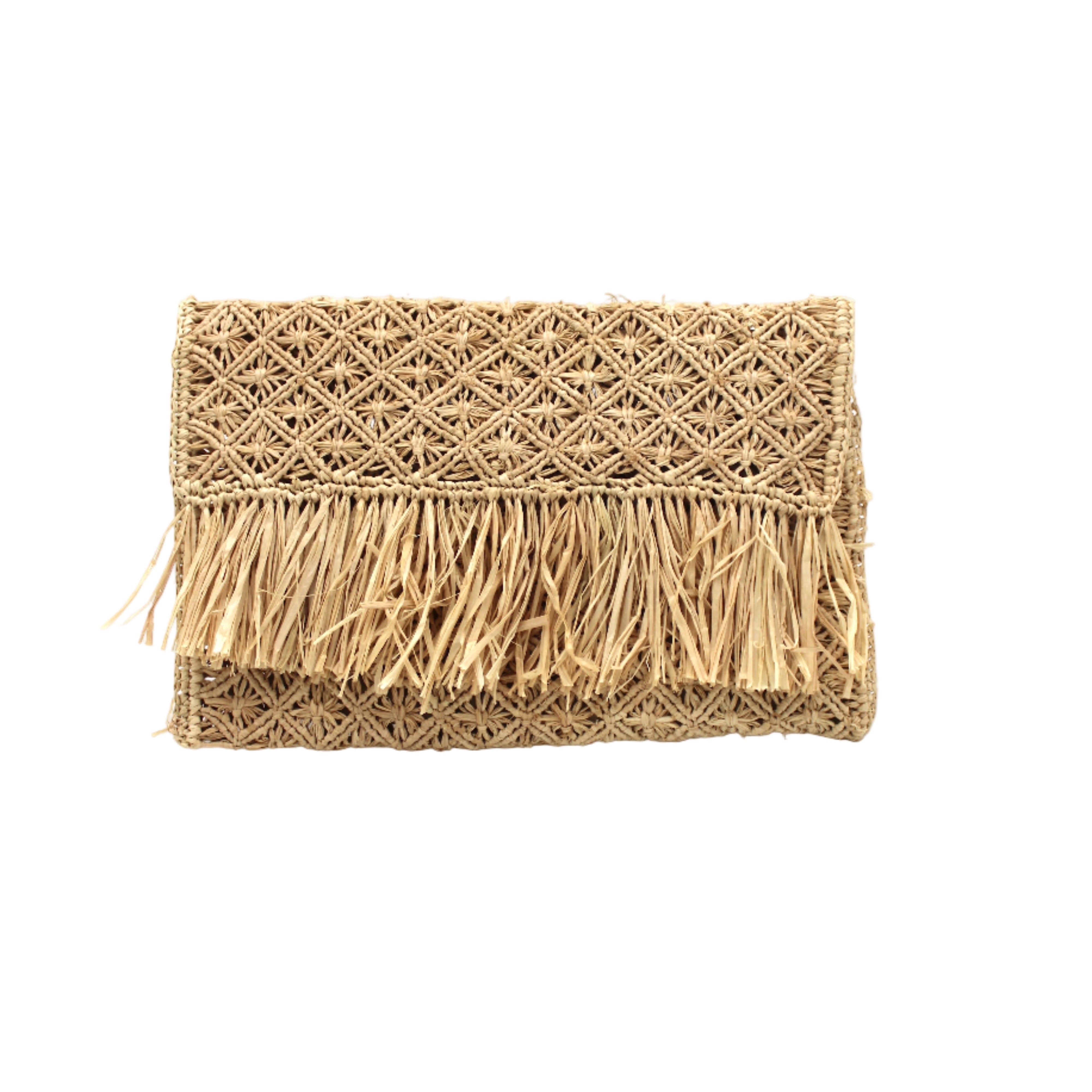 Luli Macrame Diamond and Crochet Straw Envelope Clutch Purse with Raw Fringe Trim Edge handmade macrame and crochet natural raffia palm fiber in a solid hue of natural straw color in a diagonal geometric pattern of starburst or flower inside diamonds with hand brushed raw fringe trim edge along the top flap of the envelope design handbag - Shebobo