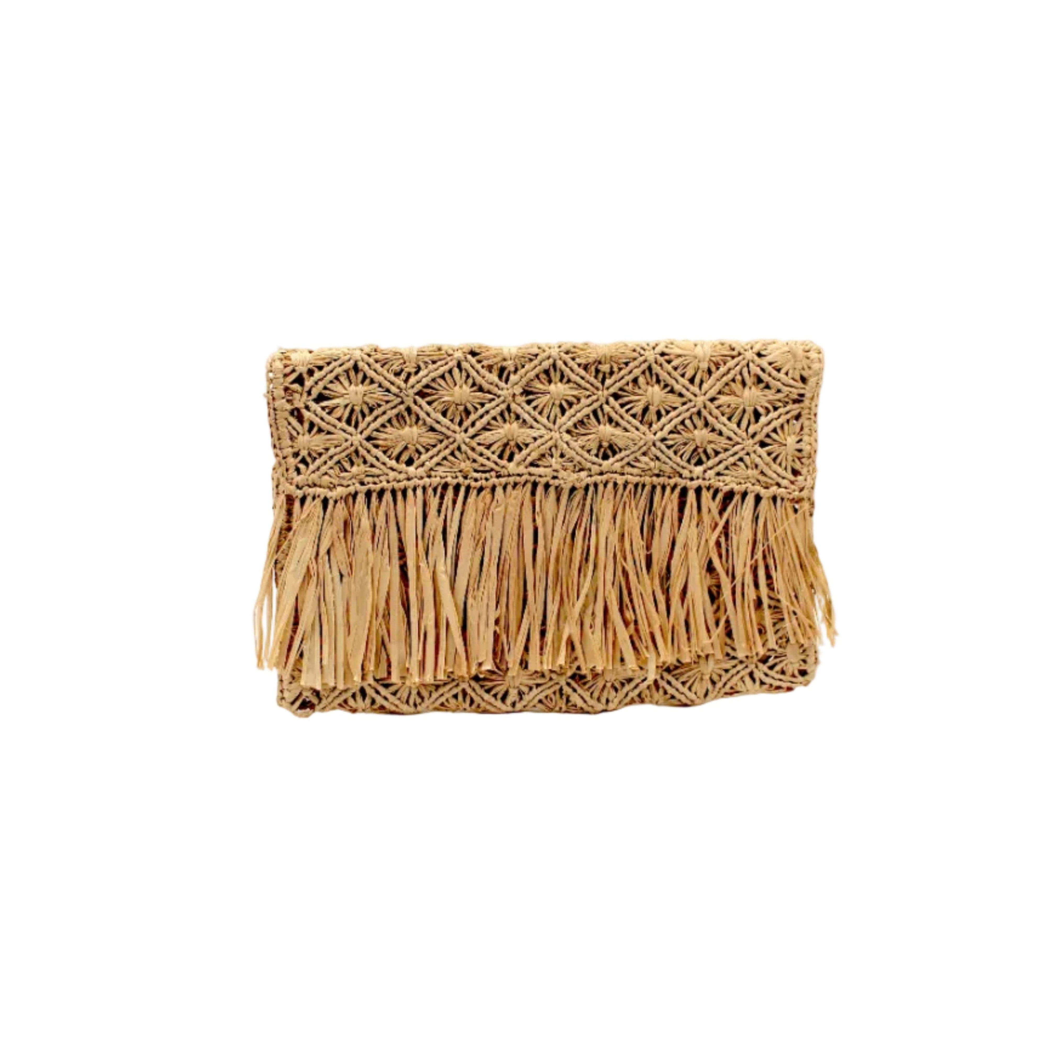 Luli Macrame Diamond and Crochet Straw Envelope Clutch Purse with Raw Fringe Trim Edge handmade macrame and crochet natural raffia palm fiber in a solid hue of natural straw color in a diagonal geometric pattern of starburst or flower inside diamonds with hand brushed raw fringe trim edge along the top flap of the envelope design handbag - Shebobo