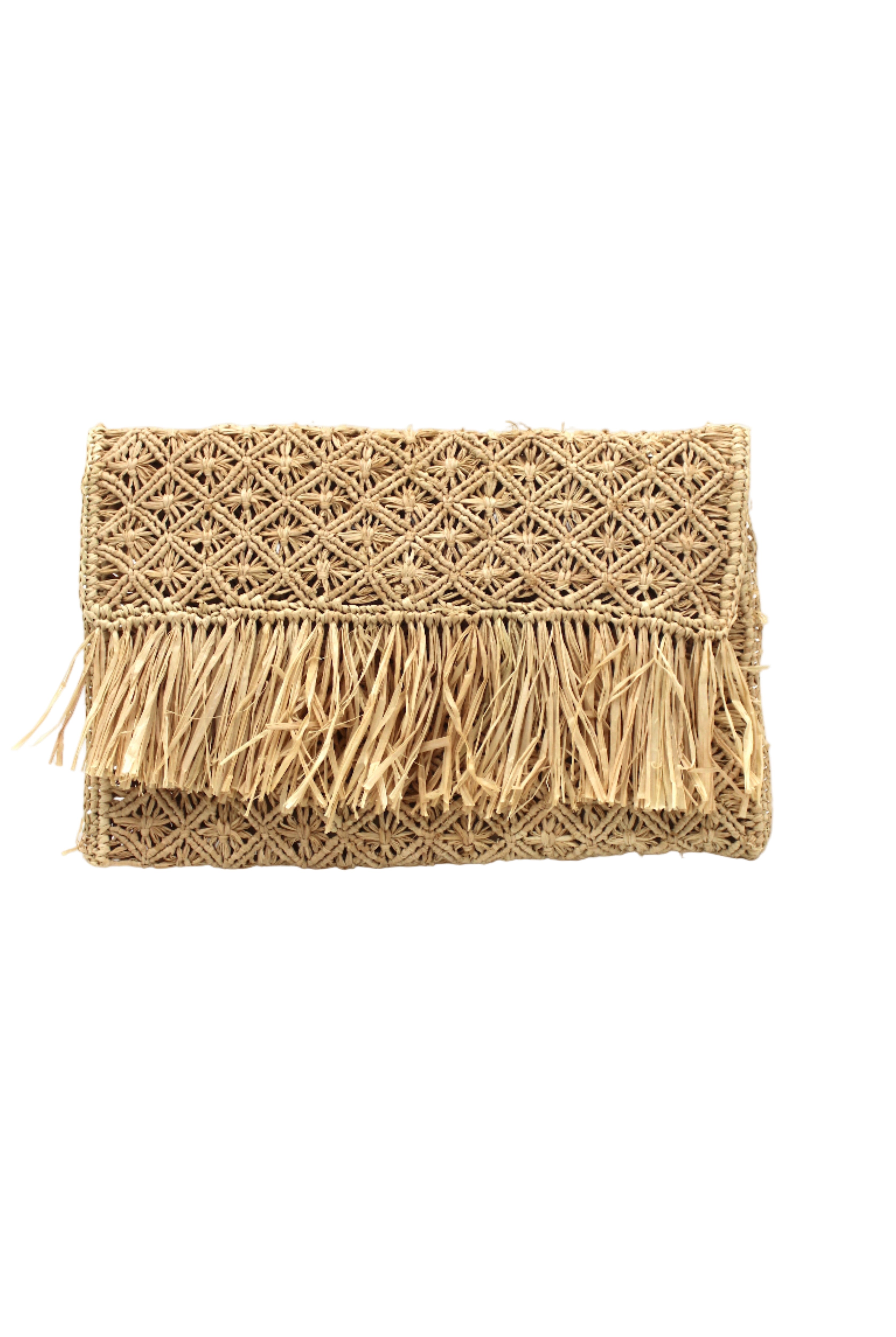 Luli Macrame Diamond and Crochet Straw Envelope Clutch Purse with Raw Fringe Trim Edge handmade macrame and crochet natural raffia palm fiber in a solid hue of natural straw color in a diagonal geometric pattern of starburst or flower inside diamonds with hand brushed raw fringe trim edge along the top flap of the envelope design handbag - Shebobo