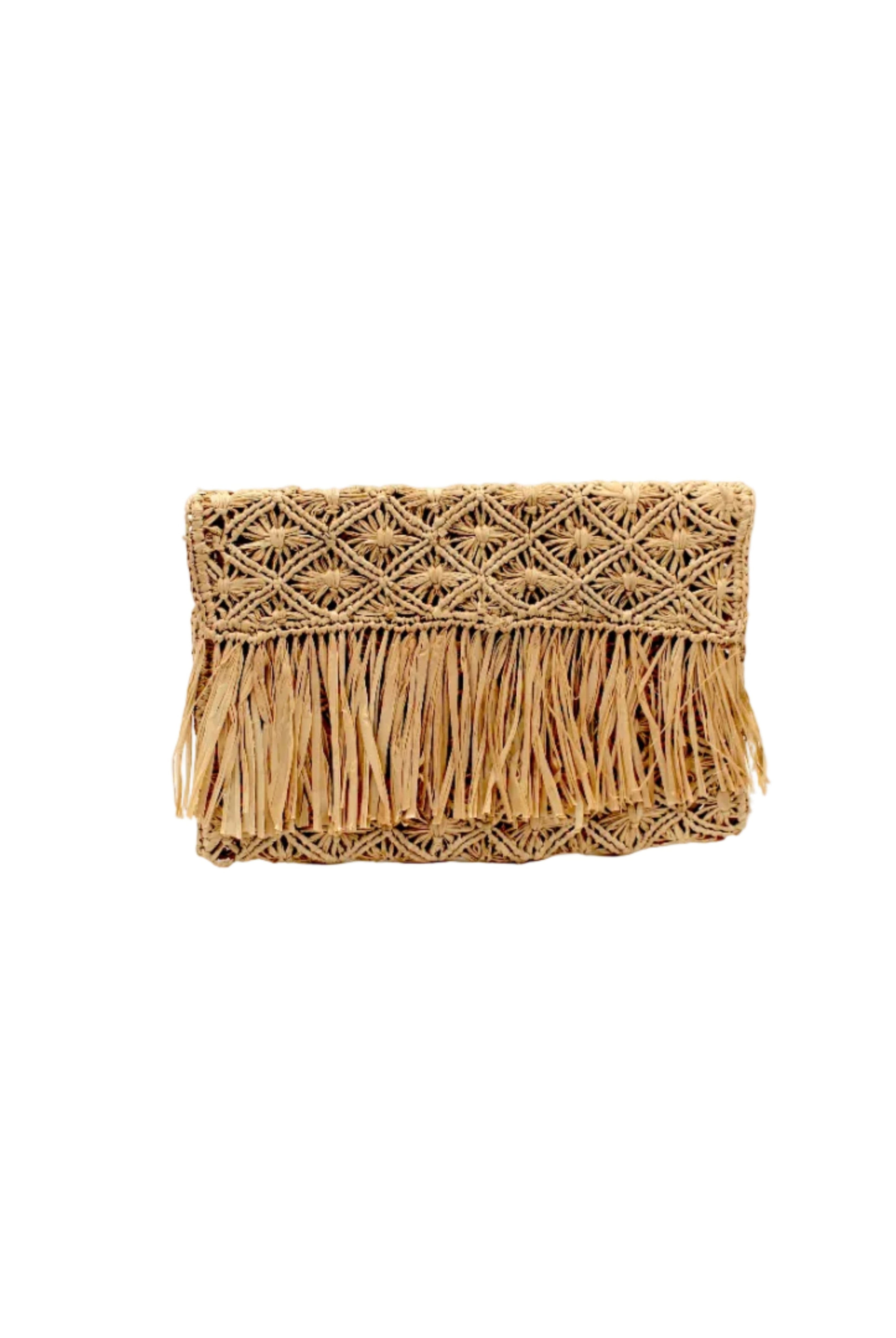 Luli Macrame Diamond and Crochet Straw Envelope Clutch Purse with Raw Fringe Trim Edge handmade macrame and crochet natural raffia palm fiber in a solid hue of natural straw color in a diagonal geometric pattern of starburst or flower inside diamonds with hand brushed raw fringe trim edge along the top flap of the envelope design handbag - Shebobo