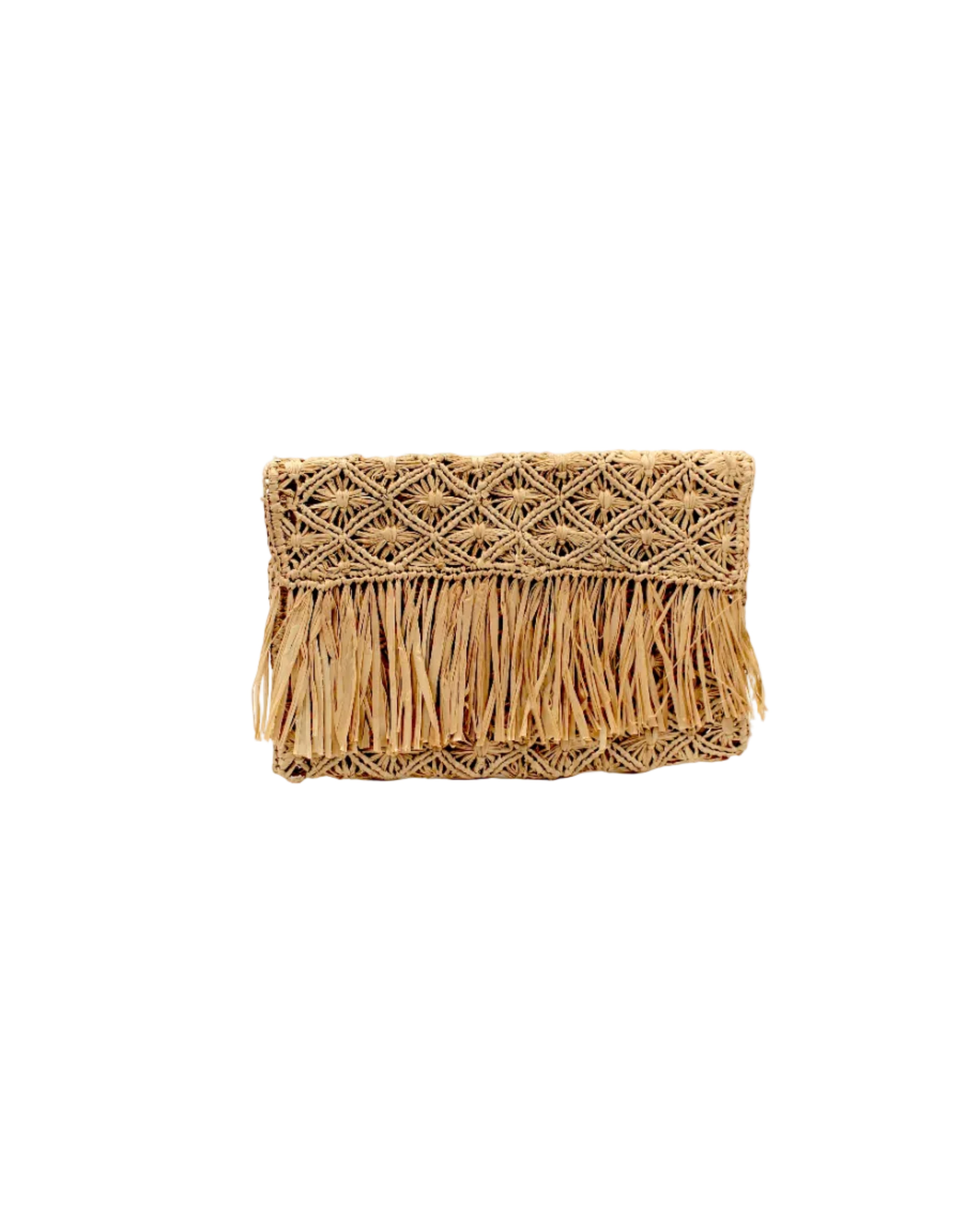 Luli Macrame Diamond and Crochet Straw Envelope Clutch Purse with Raw Fringe Trim Edge handmade macrame and crochet natural raffia palm fiber in a solid hue of natural straw color in a diagonal geometric pattern of starburst or flower inside diamonds with hand brushed raw fringe trim edge along the top flap of the envelope design handbag - Shebobo