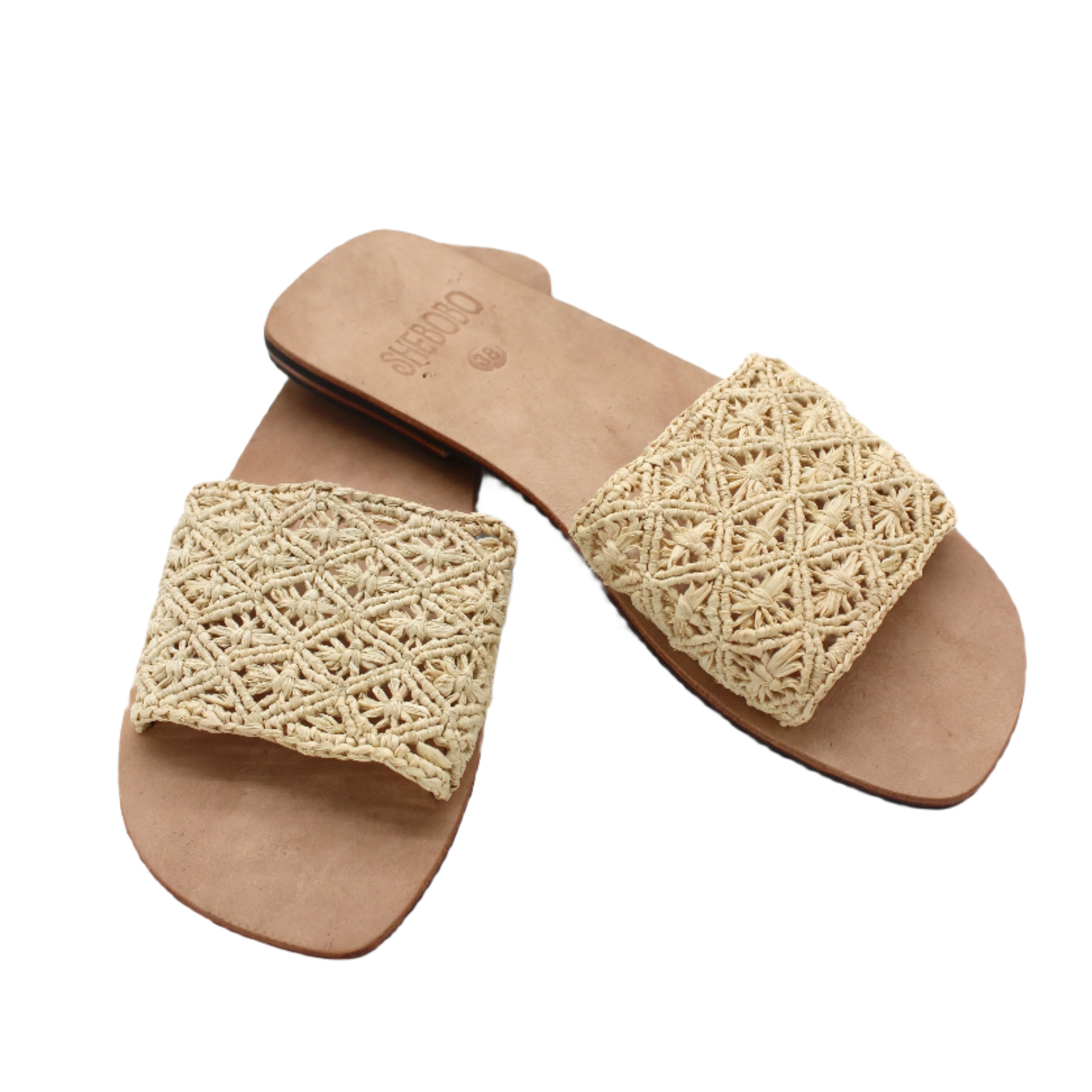 Lulu Macrame and Crochet Diamond Straw Sandal Shoes handmade natural raffia palm fiber crochet and knotted macrame in a solid hue of natural straw color with geometric diamond or flower pattern in diagonal bands of texture on the top of the shoe and leather with rubber anti slip soles slide sandals - Shebobo