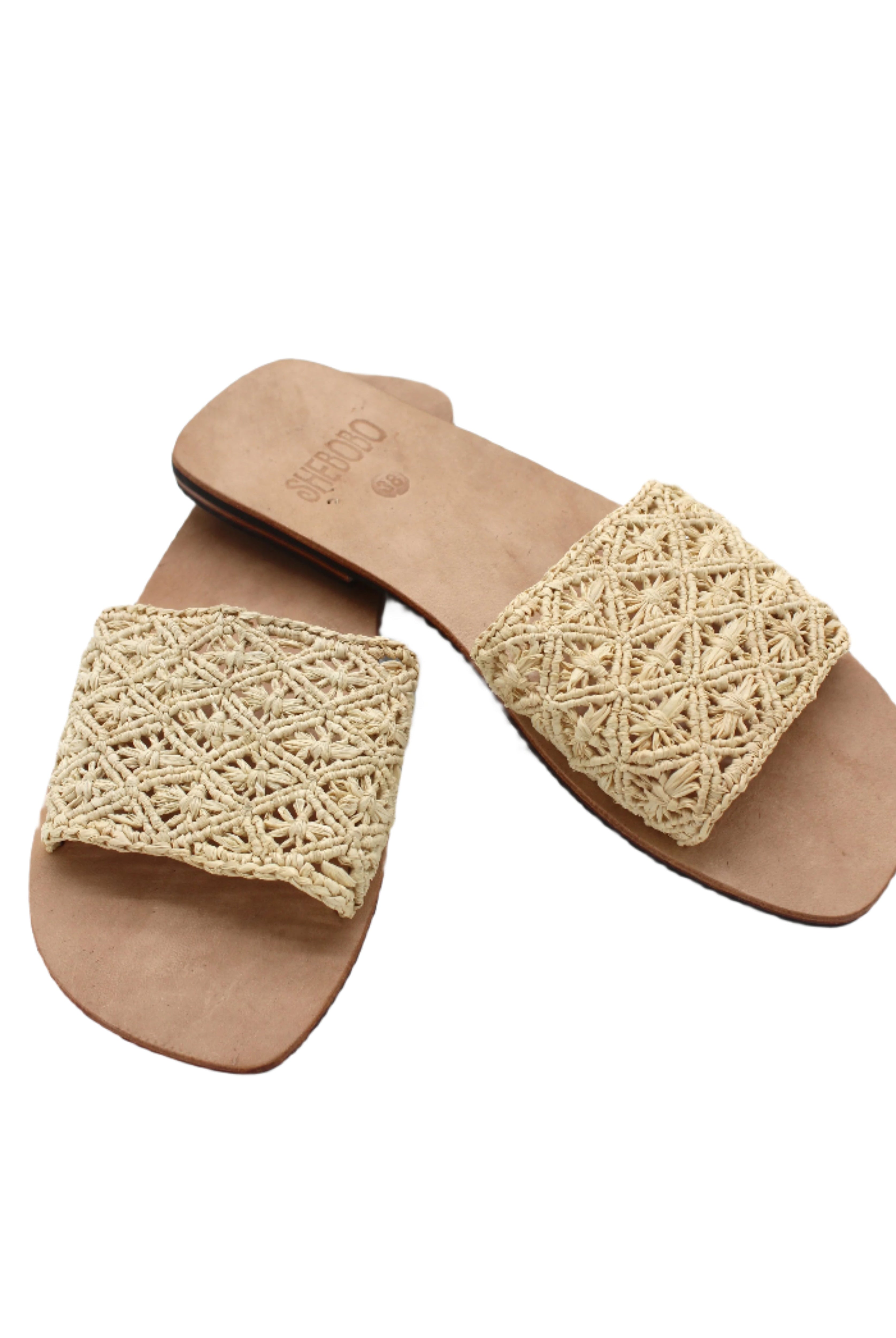 Lulu Macrame and Crochet Diamond Straw Sandal Shoes handmade natural raffia palm fiber crochet and knotted macrame in a solid hue of natural straw color with geometric diamond or flower pattern in diagonal bands of texture on the top of the shoe and leather with rubber anti slip soles slide sandals - Shebobo