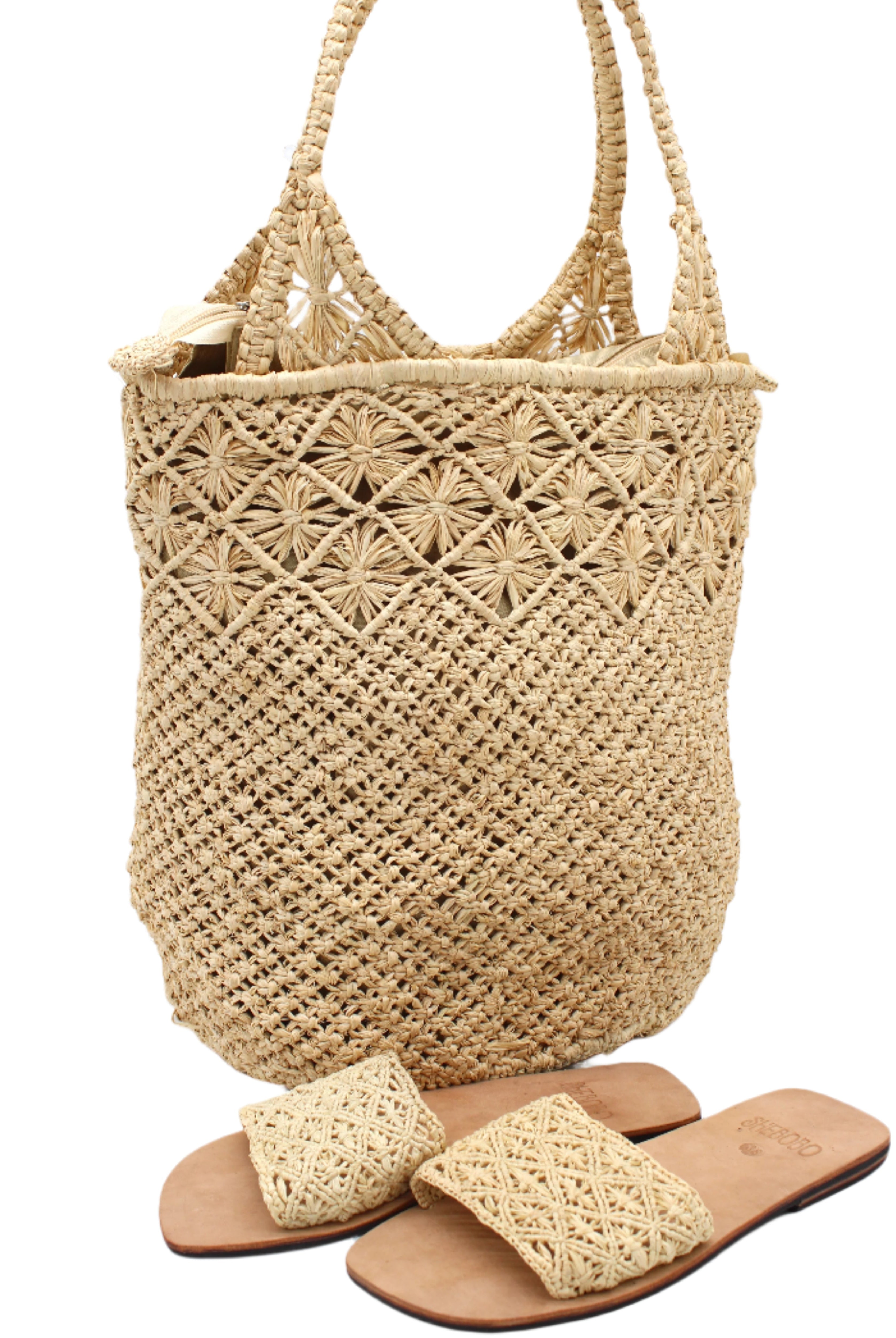 Luca Macrame Diamonds Crochet Straw Handbag handmade knotted natural raffia palm fiber in a solid hue of Natural straw color in a multi-texture circular pattern of concentric spiral links on the base, cross-hatch x pattern up 2/3rds of the bag, and geometric diamond flower pattern around the top third, with diamond pattern on the base of the shoulder strap handles with tubular loop handle tops - Shebobo (with Lulu Macrame and Crochet Diamond Sandal Shoes)