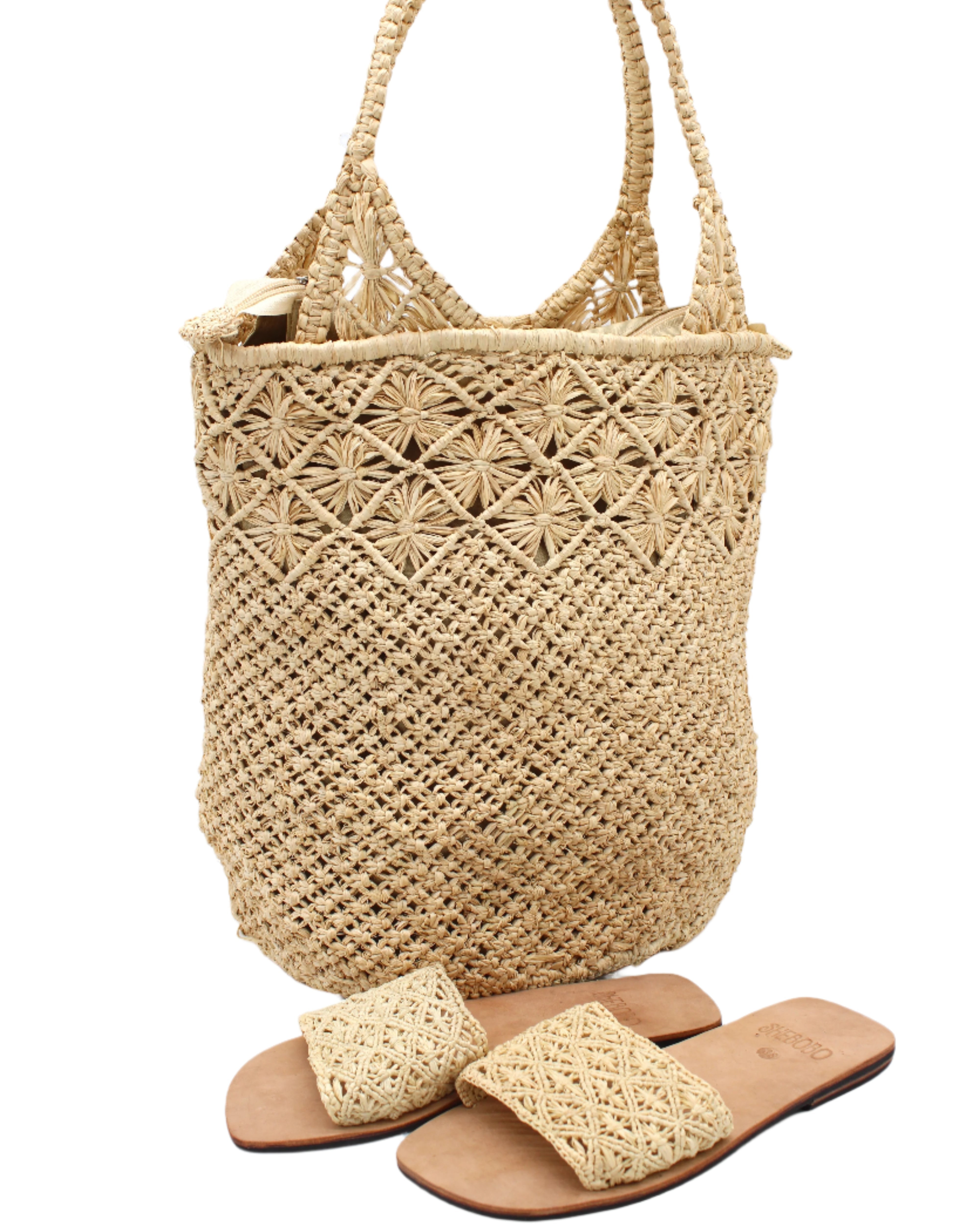 Luca Macrame Diamonds Crochet Straw Handbag handmade knotted natural raffia palm fiber in a solid hue of Natural straw color in a multi-texture circular pattern of concentric spiral links on the base, cross-hatch x pattern up 2/3rds of the bag, and geometric diamond flower pattern around the top third, with diamond pattern on the base of the shoulder strap handles with tubular loop handle tops - Shebobo (with Lulu Macrame and Crochet Diamond Sandal Shoes)