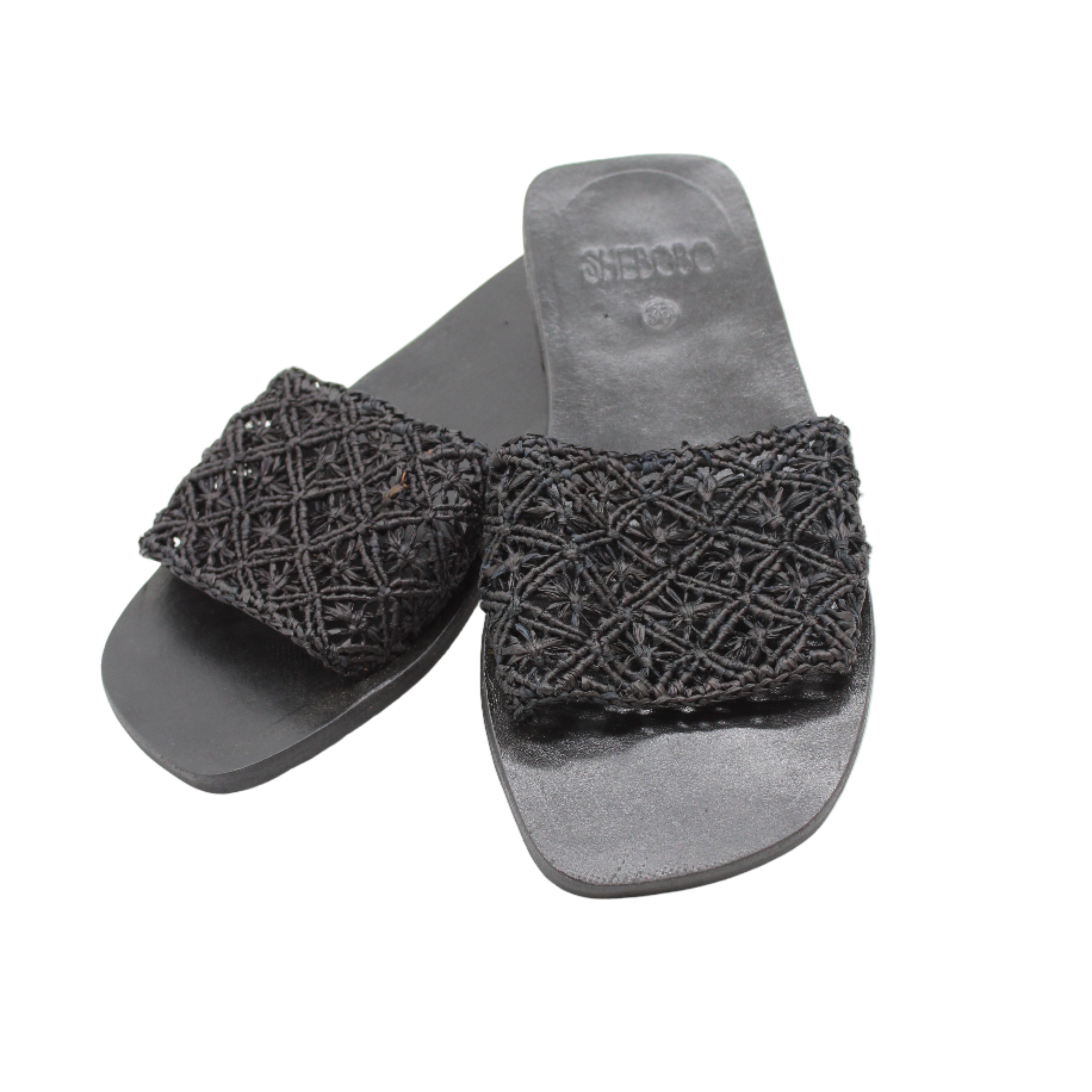 Lulu Macrame and Crochet Diamond Straw Sandal Shoes handmade natural raffia palm fiber crochet and knotted macrame in a solid hue of black with geometric diamond or flower pattern in diagonal bands of texture on the top of the shoe and leather with rubber anti slip soles slide sandals - Shebobo