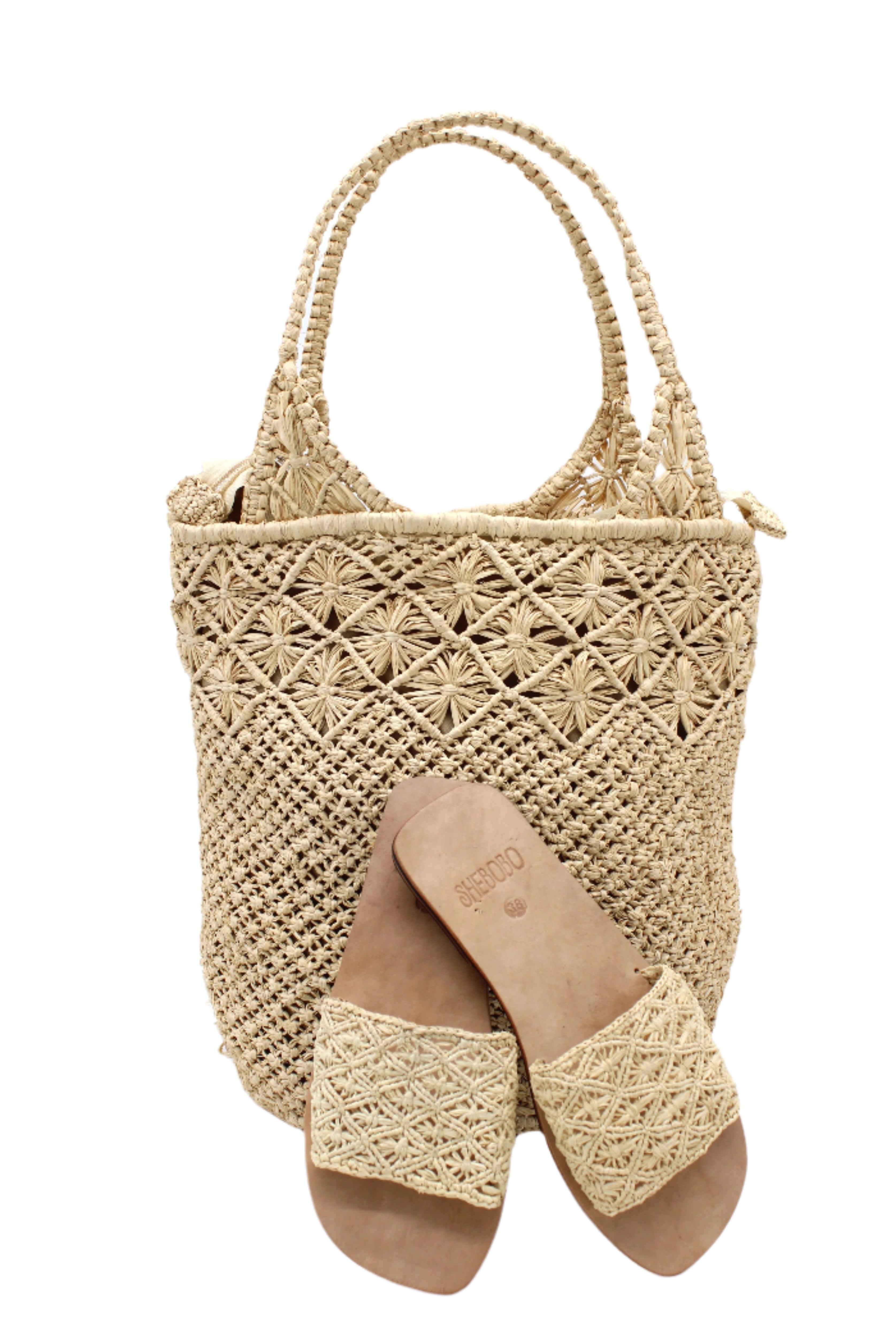 Lulu Macrame and Crochet Diamond Straw Sandal Shoes handmade natural raffia palm fiber crochet and knotted macrame in a solid hue of natural straw color with geometric diamond or flower pattern in diagonal bands of texture on the top of the shoe and leather with rubber anti slip soles slide sandals - Shebobo (with Luca Macrame and Crochet Diamond Straw Handbag)