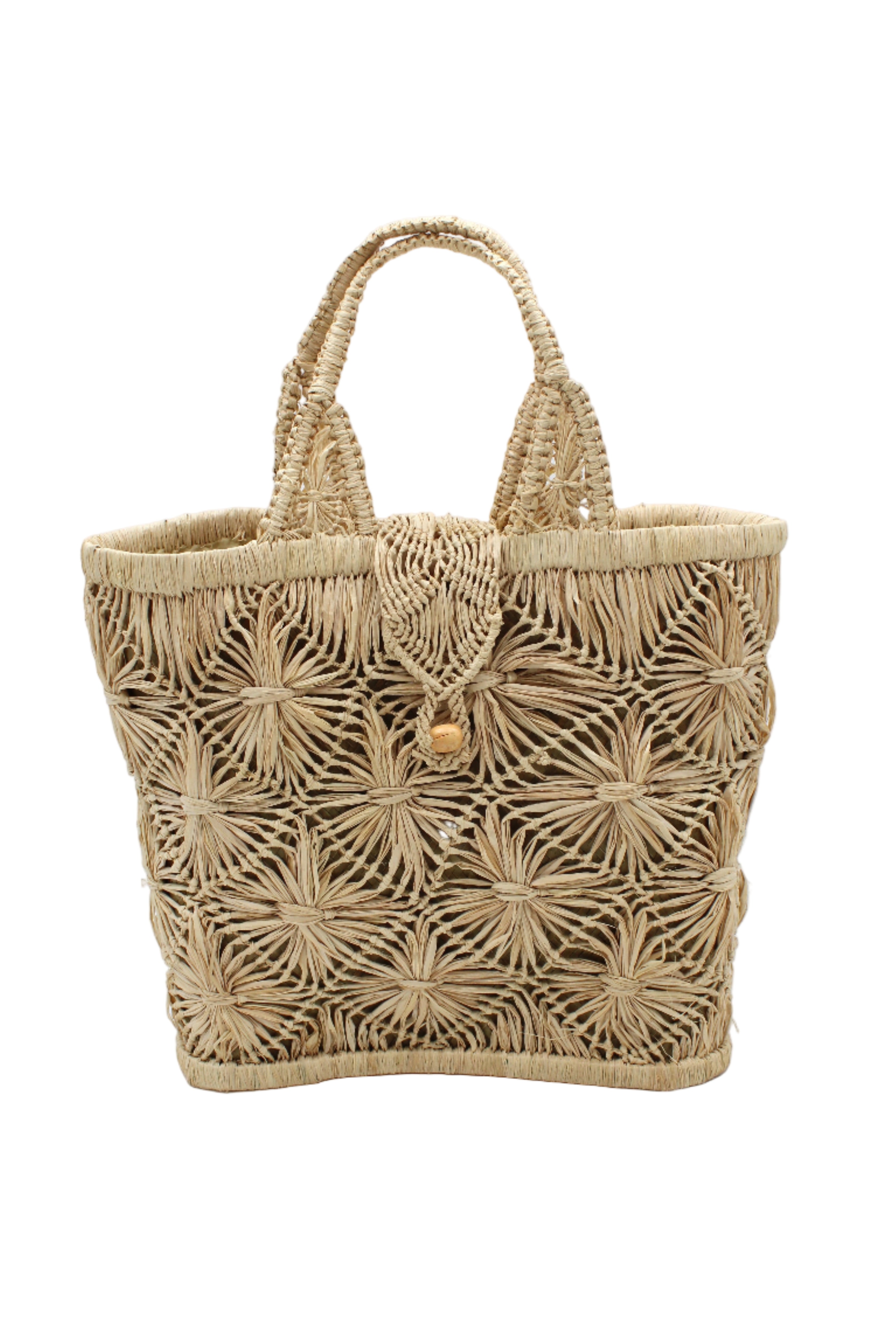 Lusha Macrame Diamond and Crochet Straw Basket Bag handmade natural raffia palm fiber in a solid hue of natural straw color macrame into a large geometric diagonal diamond pattern with loop banding on the top and bottom edges, macrame diamond and loop handles, with knotted matching flap closure beach bag shoulder bag purse - Shebobo