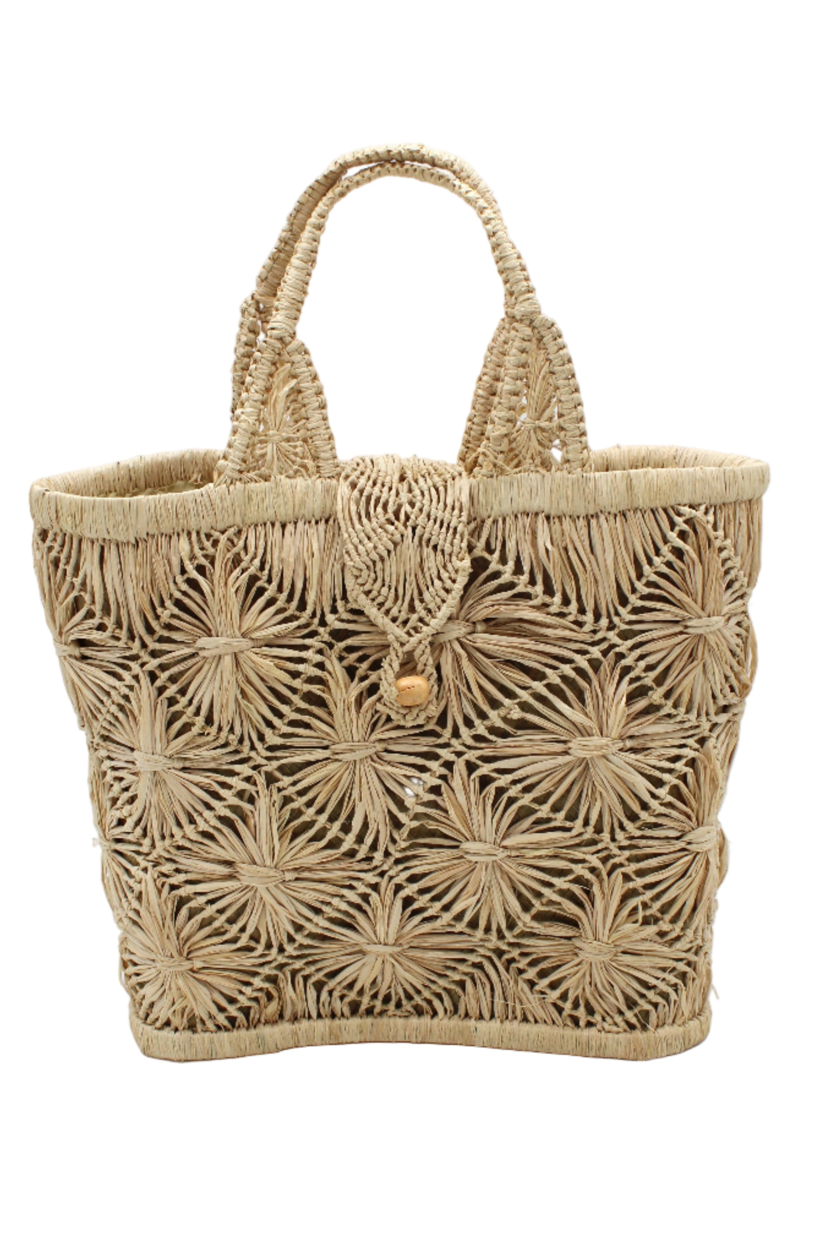 Lusha Macrame Diamond and Crochet Straw Basket Bag handmade natural raffia palm fiber in a solid hue of natural straw color macrame into a large geometric diagonal diamond pattern with loop banding on the top and bottom edges, macrame diamond and loop handles, with knotted matching flap closure beach bag shoulder bag purse - Shebobo