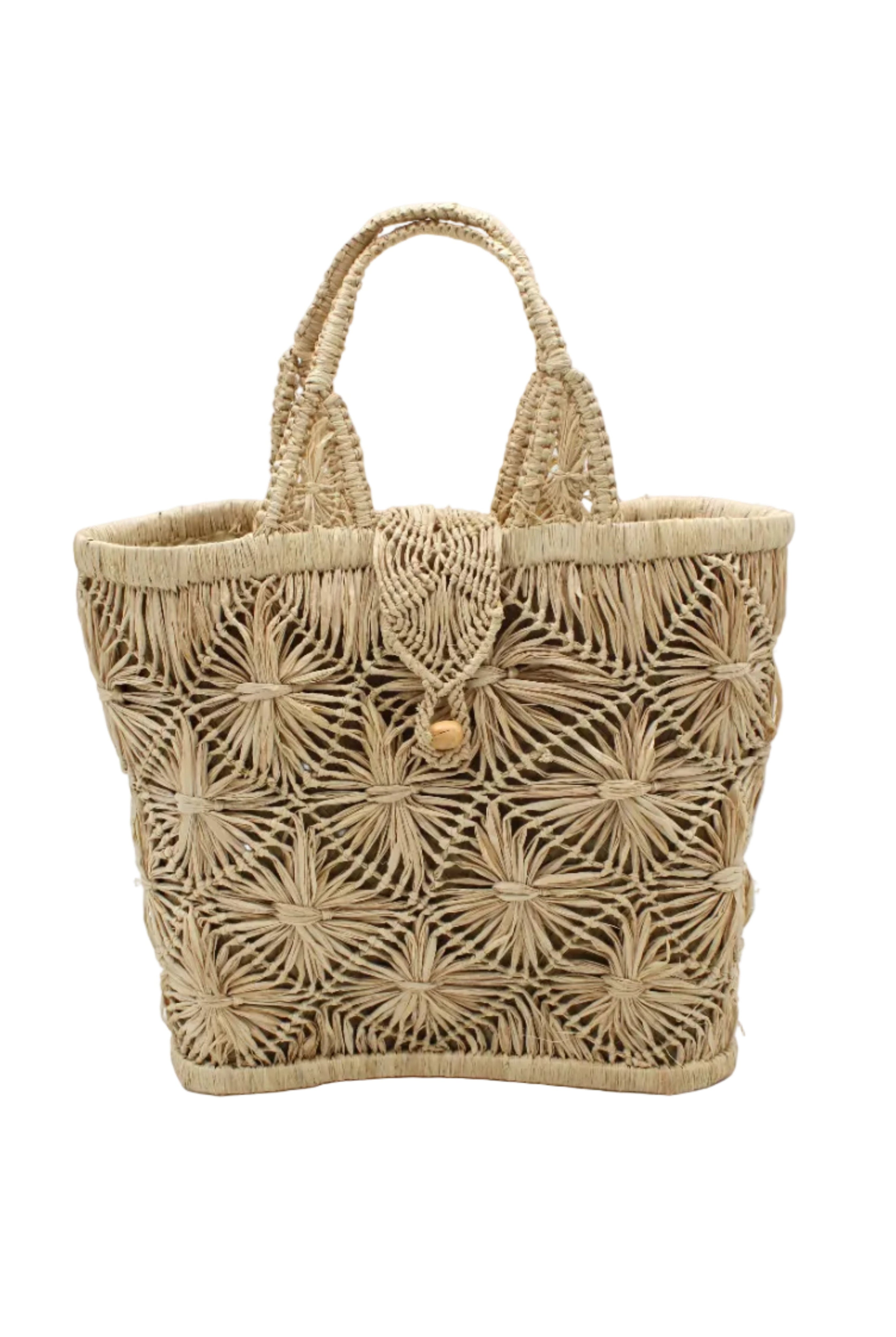 Lusha Macrame Diamond and Crochet Straw Basket Bag handmade natural raffia palm fiber in a solid hue of natural straw color macrame into a large geometric diagonal diamond pattern with loop banding on the top and bottom edges, macrame diamond and loop handles, with knotted matching flap closure beach bag shoulder bag purse - Shebobo