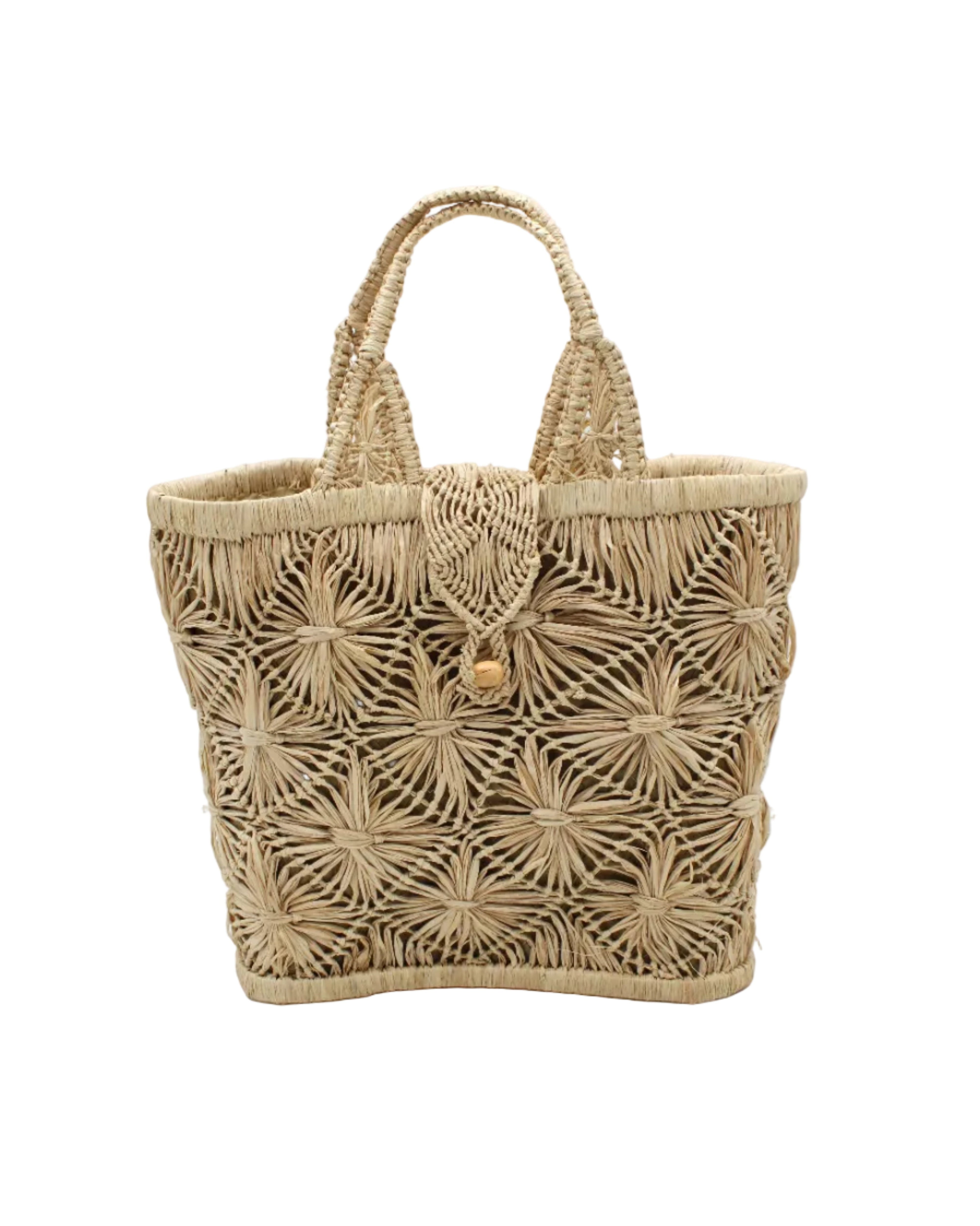 Lusha Macrame Diamond and Crochet Straw Basket Bag handmade natural raffia palm fiber in a solid hue of natural straw color macrame into a large geometric diagonal diamond pattern with loop banding on the top and bottom edges, macrame diamond and loop handles, with knotted matching flap closure beach bag shoulder bag purse - Shebobo