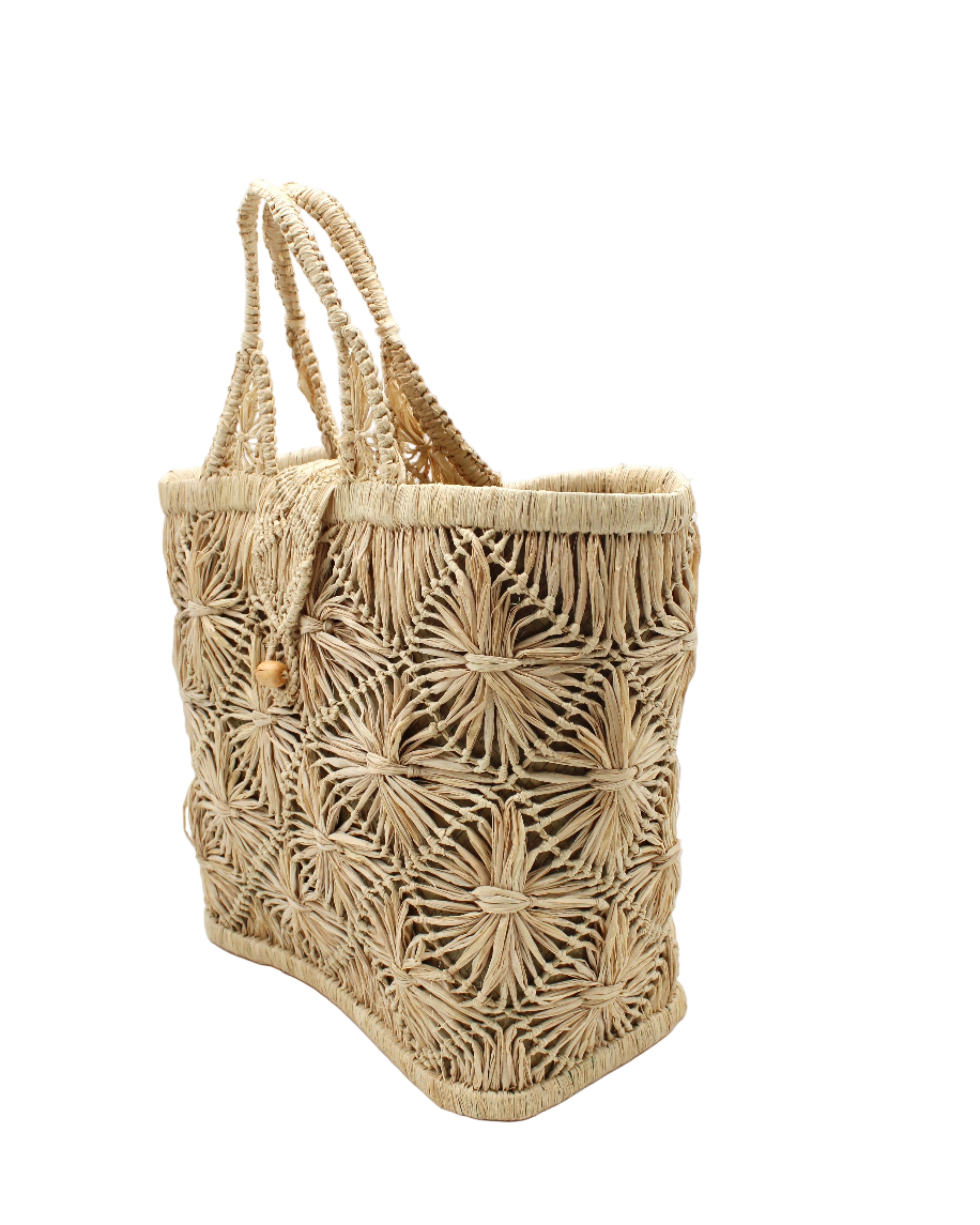 Side view Lusha Macrame Diamond and Crochet Straw Basket Bag handmade natural raffia palm fiber in a solid hue of natural straw color macrame into a large geometric diagonal diamond pattern with loop banding on the top and bottom edges, macrame diamond and loop handles, with knotted matching flap closure beach bag shoulder bag purse - Shebobo