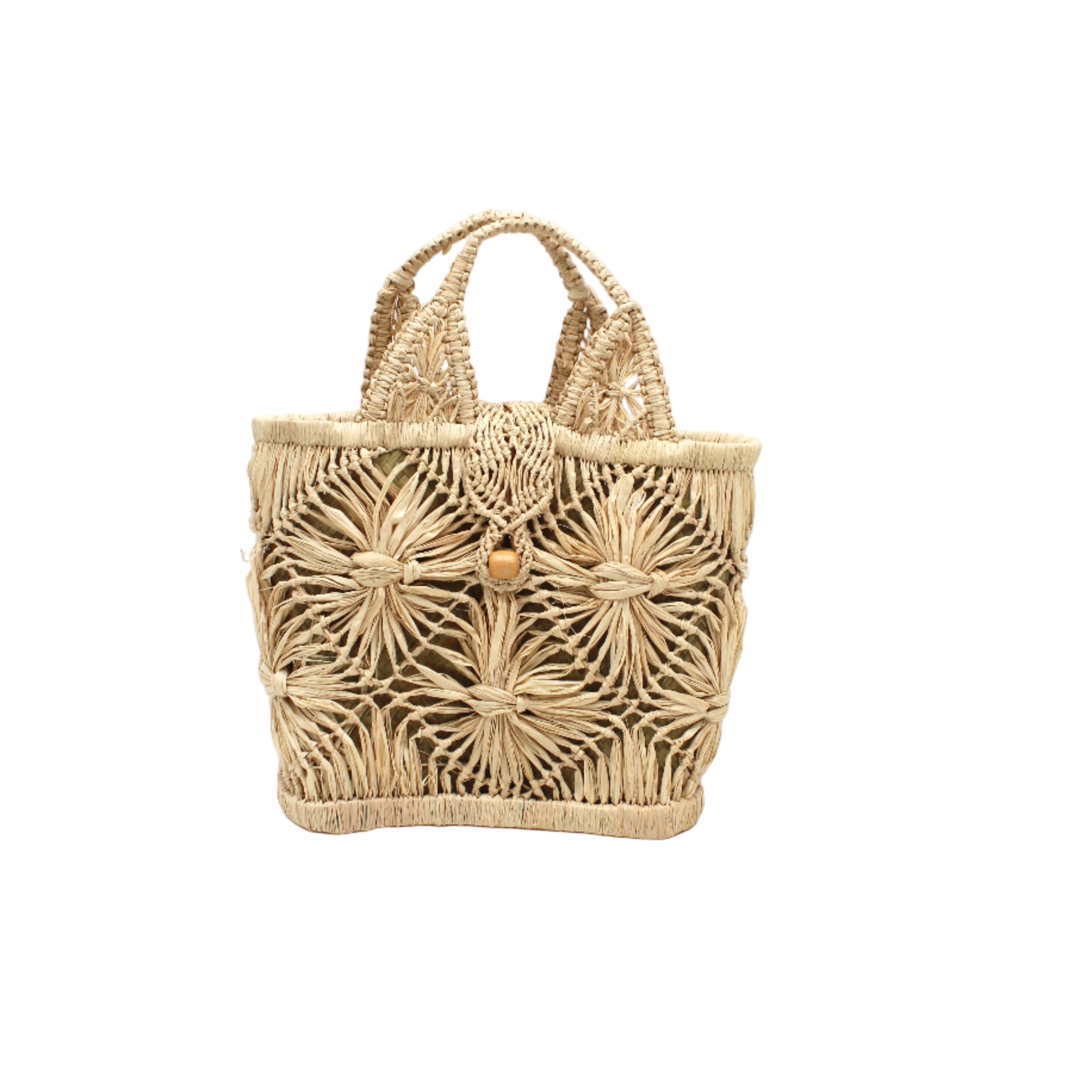 Small size Lusha Macrame Diamond and Crochet Straw Basket Bag handmade natural raffia palm fiber in a solid hue of natural straw color macrame into a large geometric diagonal diamond pattern with loop banding on the top and bottom edges, macrame diamond and loop handles, with knotted matching flap closure beach bag shoulder bag purse - Shebobo