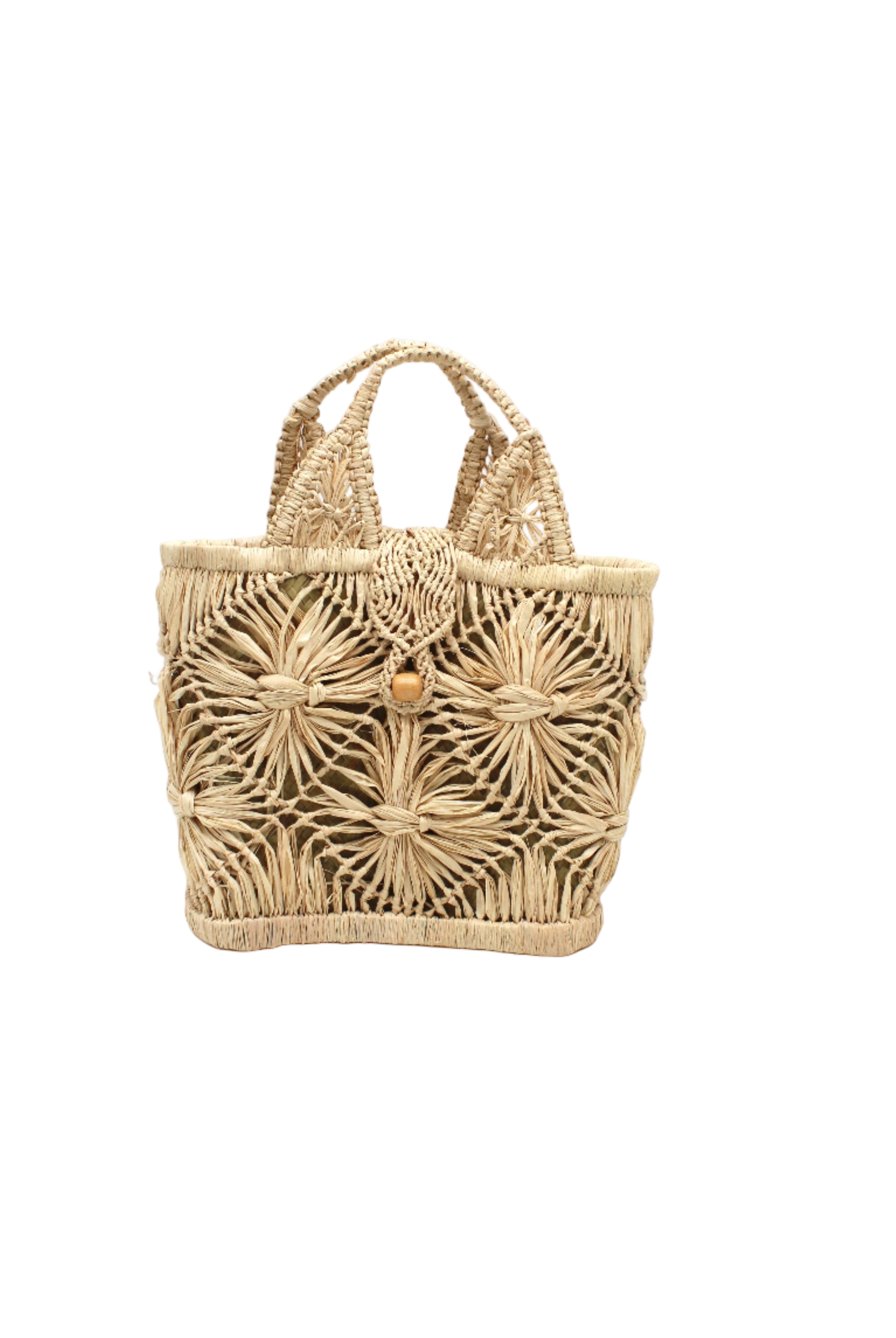 Small size Lusha Macrame Diamond and Crochet Straw Basket Bag handmade natural raffia palm fiber in a solid hue of natural straw color macrame into a large geometric diagonal diamond pattern with loop banding on the top and bottom edges, macrame diamond and loop handles, with knotted matching flap closure beach bag shoulder bag purse - Shebobo