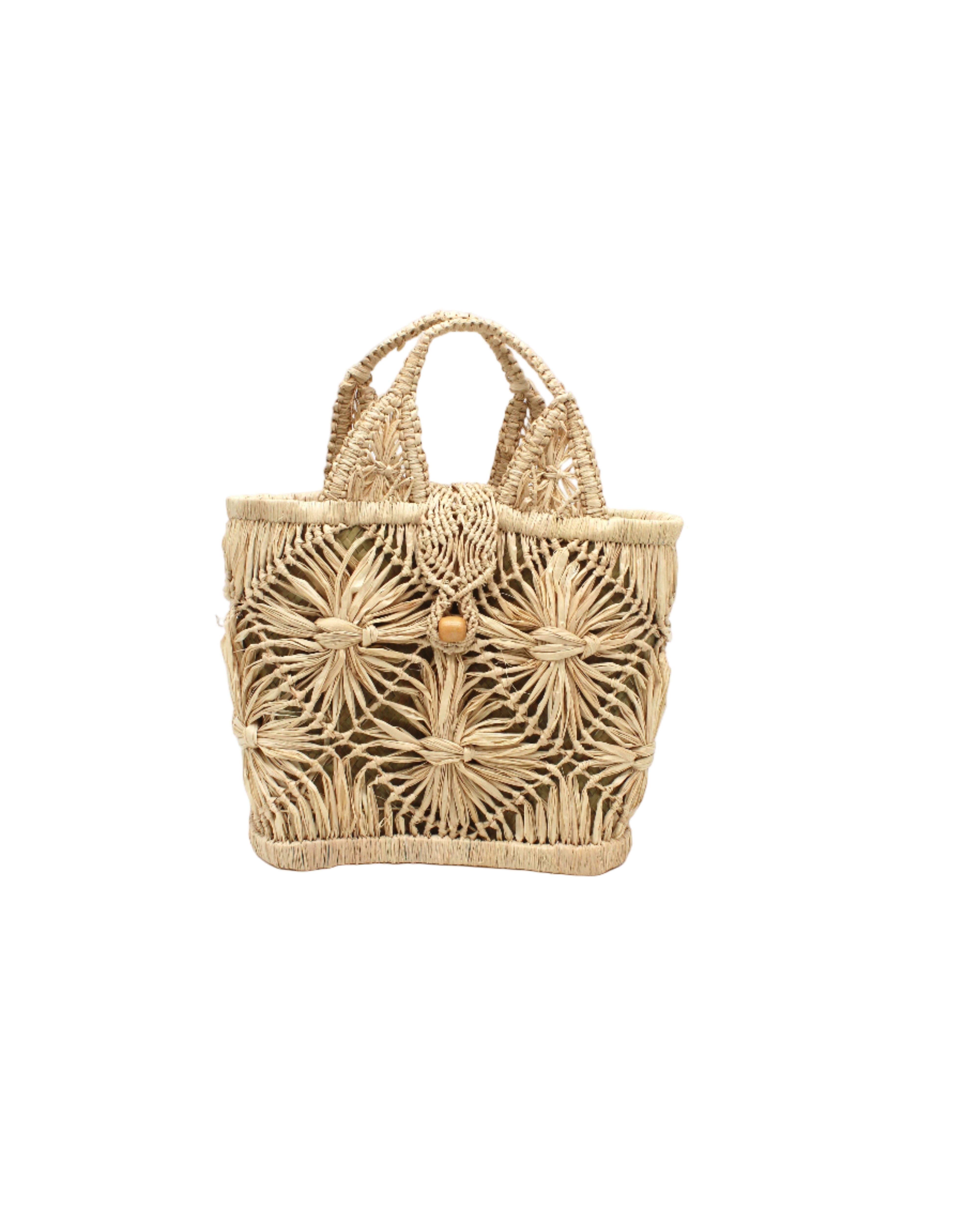 Small size Lusha Macrame Diamond and Crochet Straw Basket Bag handmade natural raffia palm fiber in a solid hue of natural straw color macrame into a large geometric diagonal diamond pattern with loop banding on the top and bottom edges, macrame diamond and loop handles, with knotted matching flap closure beach bag shoulder bag purse - Shebobo