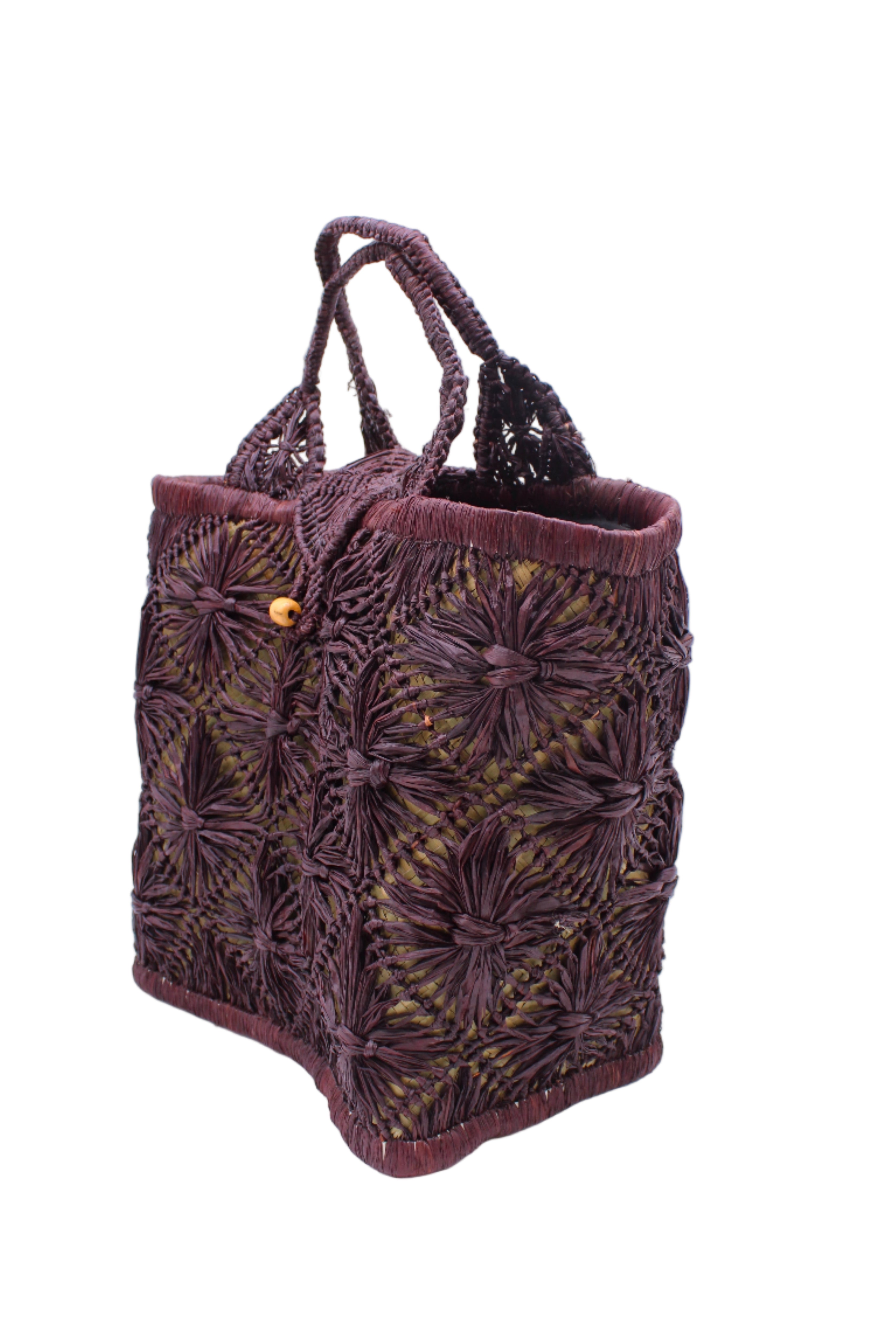 Side view Lusha Macrame Diamond and Crochet Straw Basket Bag handmade natural raffia palm fiber in a solid hue of Umberwine bordeaux/claret/deep/dark/red/purple macrame into a large geometric diagonal diamond pattern with loop banding on the top and bottom edges, macrame diamond and loop handles, with knotted matching flap closure beach bag shoulder bag purse - Shebobo