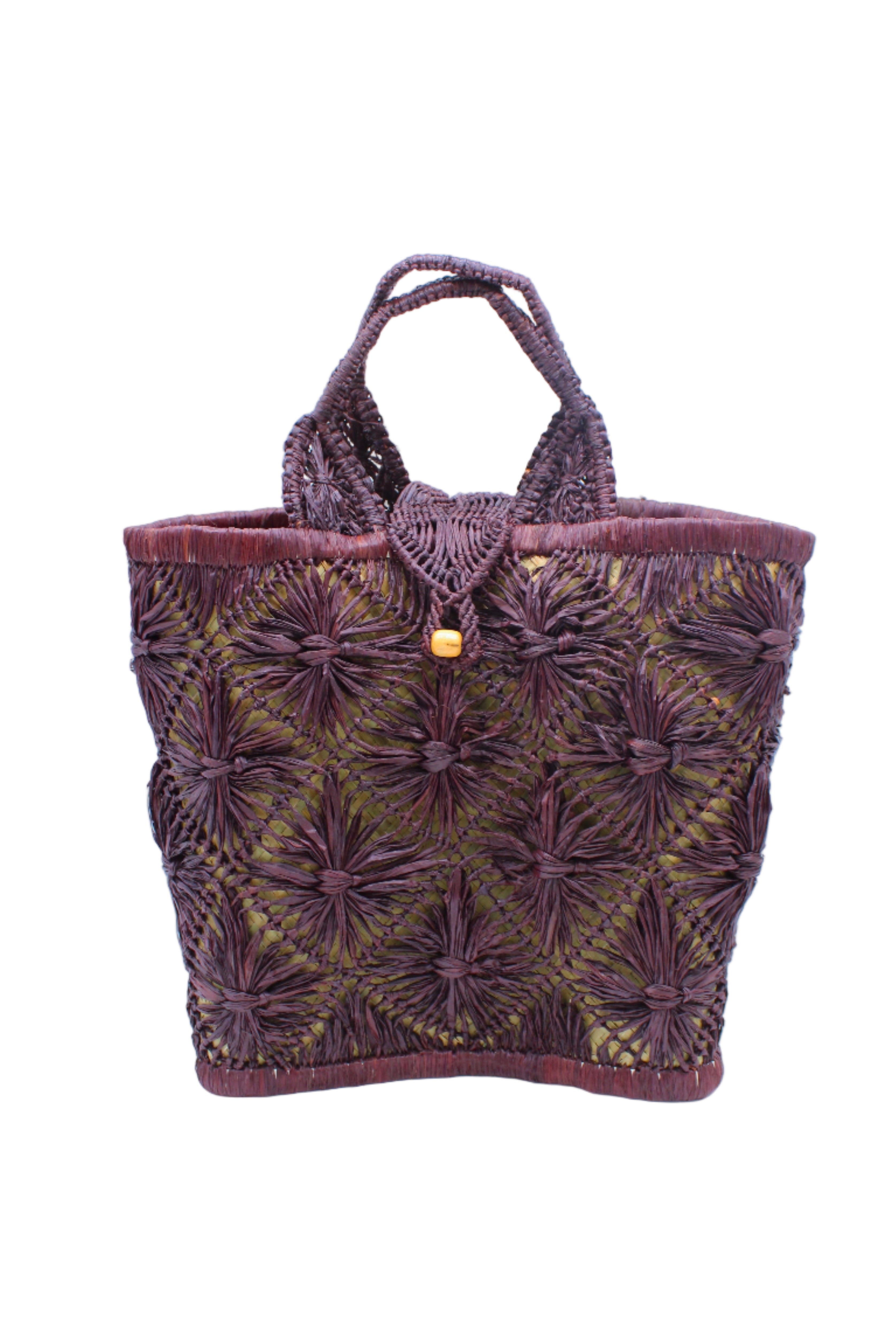 Lusha Macrame Diamond and Crochet Straw Basket Bag handmade natural raffia palm fiber in a solid hue of Umberwine bordeaux/claret/deep/dark/red/purple macrame into a large geometric diagonal diamond pattern with loop banding on the top and bottom edges, macrame diamond and loop handles, with knotted matching flap closure beach bag shoulder bag purse - Shebobo