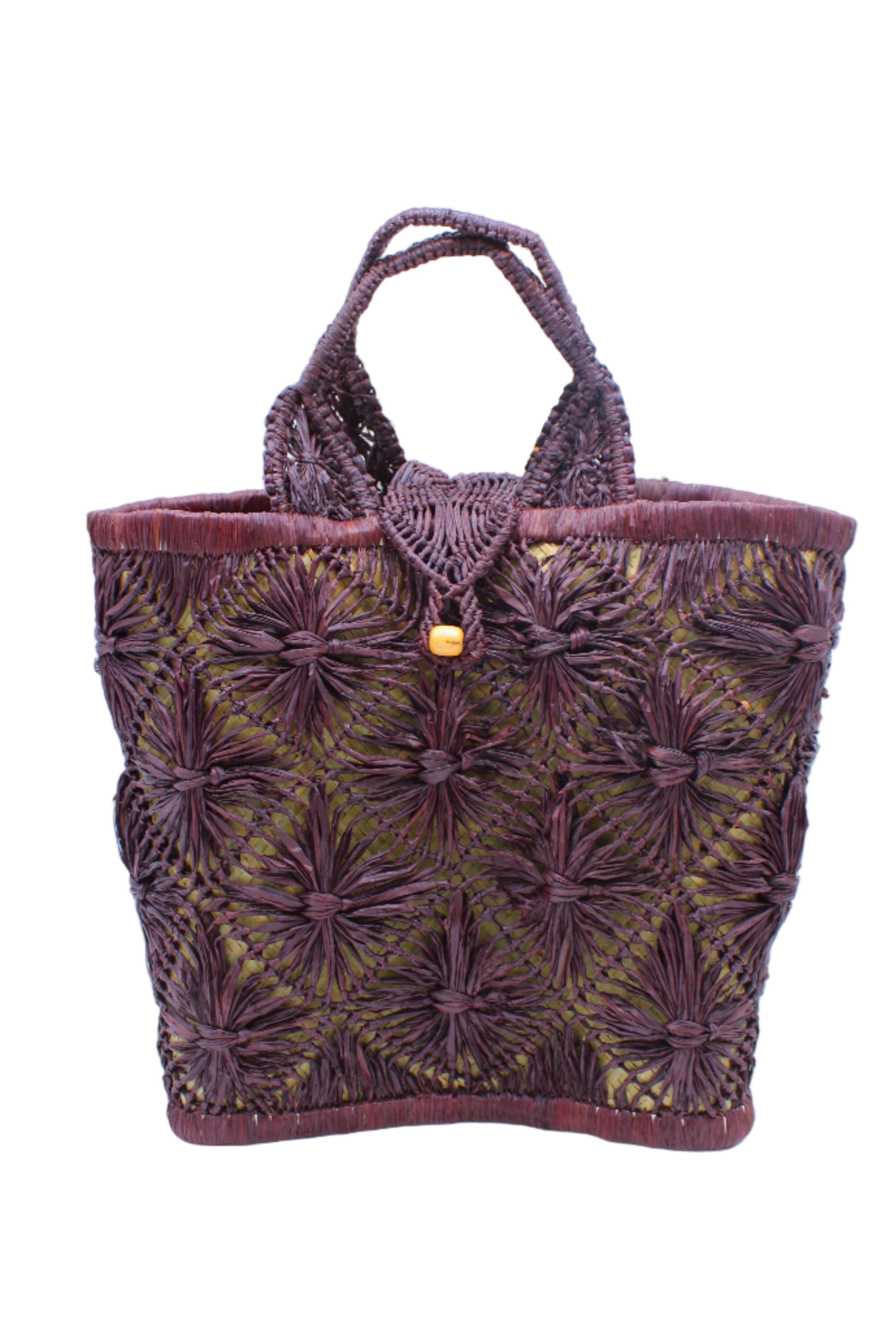 Lusha Macrame Diamond and Crochet Straw Basket Bag handmade natural raffia palm fiber in a solid hue of Umberwine bordeaux/claret/deep/dark/red/purple macrame into a large geometric diagonal diamond pattern with loop banding on the top and bottom edges, macrame diamond and loop handles, with knotted matching flap closure beach bag shoulder bag purse - Shebobo