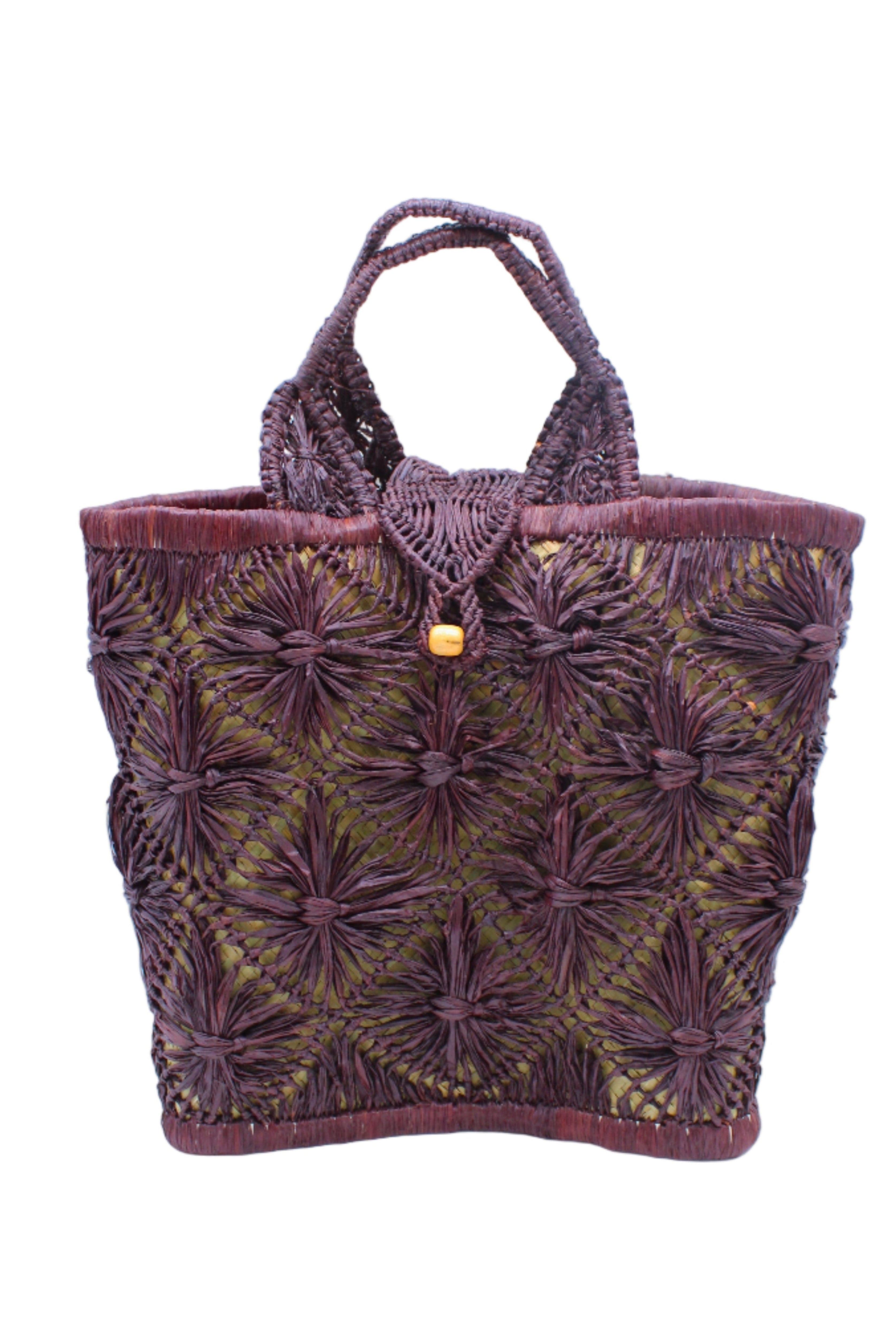 Lusha Macrame Diamond and Crochet Straw Basket Bag handmade natural raffia palm fiber in a solid hue of Umberwine bordeaux/claret/deep/dark/red/purple macrame into a large geometric diagonal diamond pattern with loop banding on the top and bottom edges, macrame diamond and loop handles, with knotted matching flap closure beach bag shoulder bag purse - Shebobo