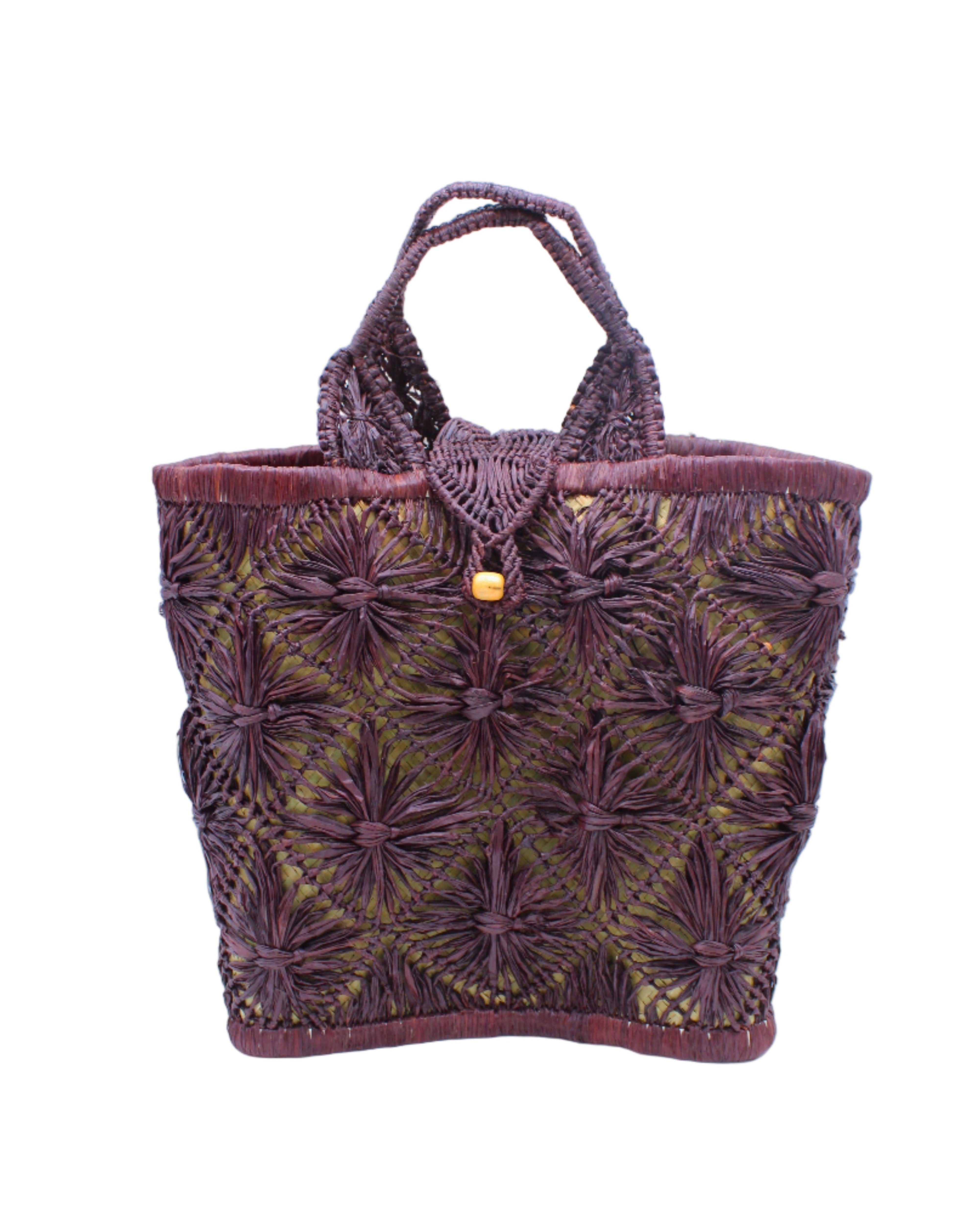 Lusha Macrame Diamond and Crochet Straw Basket Bag handmade natural raffia palm fiber in a solid hue of Umberwine bordeaux/claret/deep/dark/red/purple macrame into a large geometric diagonal diamond pattern with loop banding on the top and bottom edges, macrame diamond and loop handles, with knotted matching flap closure beach bag shoulder bag purse - Shebobo