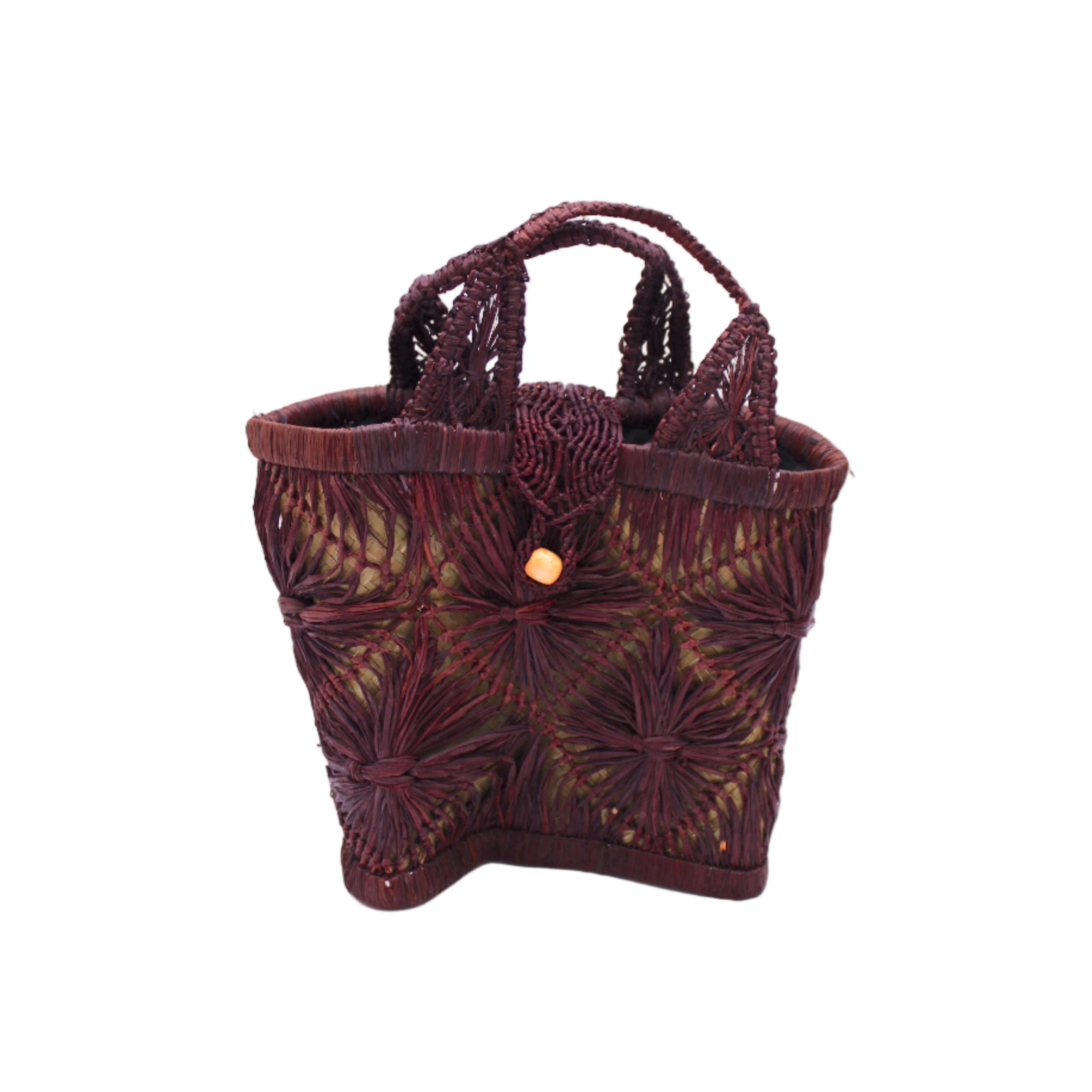 Small size Lusha Macrame Diamond and Crochet Straw Basket Bag handmade natural raffia palm fiber in a solid hue of umberwine bordeaux/burgundy/claret/dark/purple/red macrame into a large geometric diagonal diamond pattern with loop banding on the top and bottom edges, macrame diamond and loop handles, with knotted matching flap closure beach bag shoulder bag purse - Shebobo