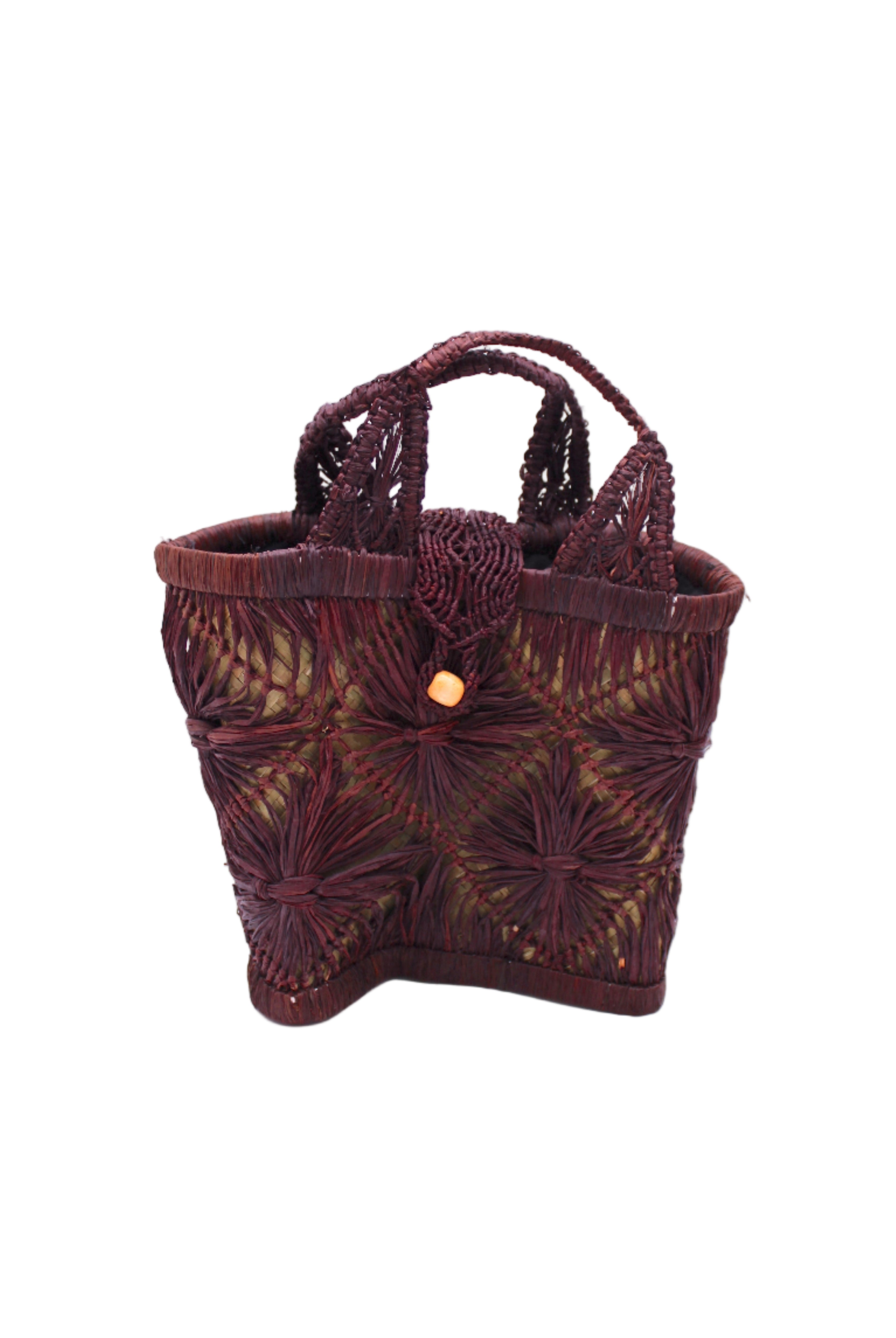 Small size Lusha Macrame Diamond and Crochet Straw Basket Bag handmade natural raffia palm fiber in a solid hue of umberwine bordeaux/burgundy/claret/dark/purple/red macrame into a large geometric diagonal diamond pattern with loop banding on the top and bottom edges, macrame diamond and loop handles, with knotted matching flap closure beach bag shoulder bag purse - Shebobo