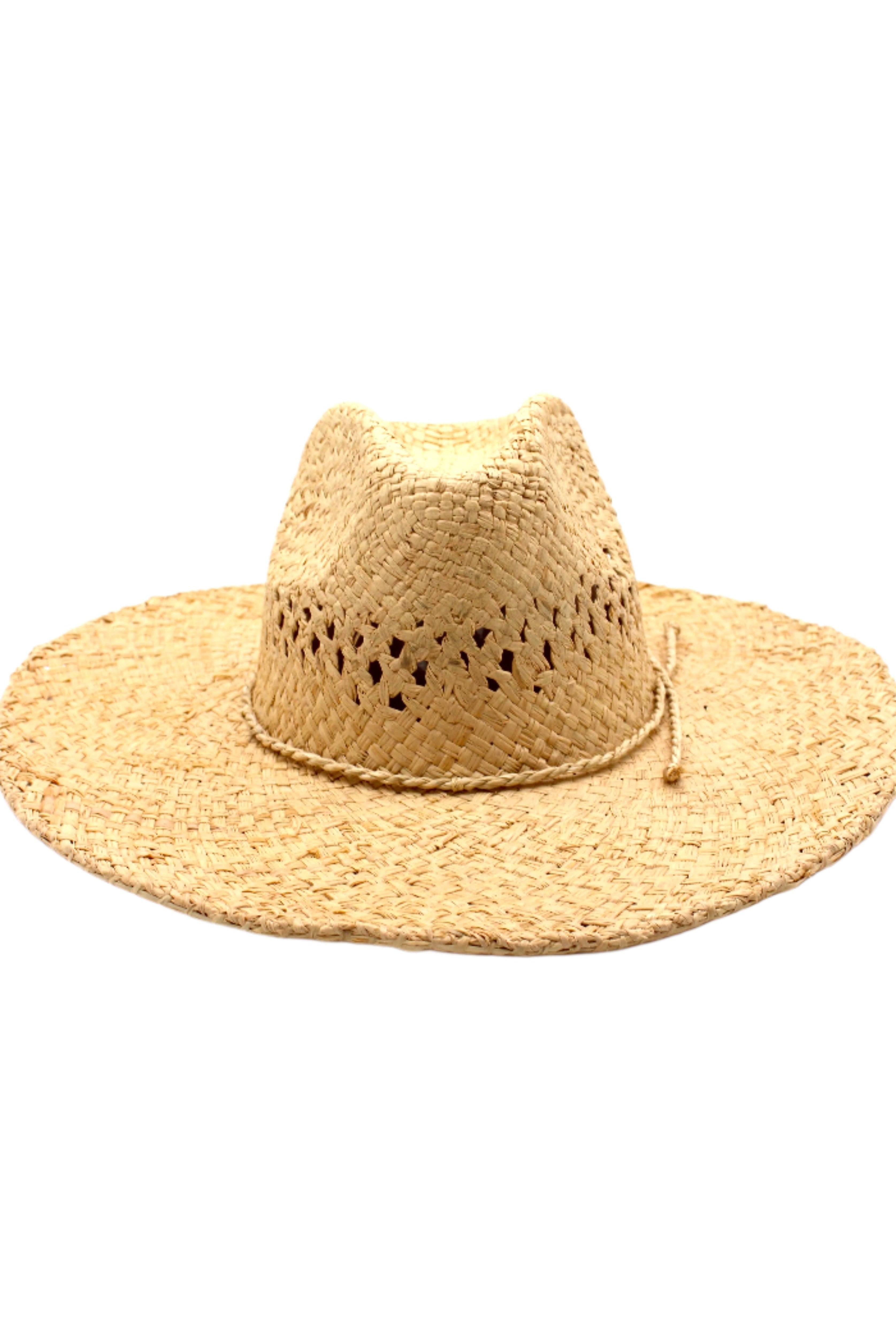 Macho Natural Unisex Straw Cowboy Hat with Adjustable Wire Rim handmade woven raffia in a solid hue of natural straw color in a structured crown style with open weave pattern for breathability and pliable wire rim with matching twisted cord hat band - Shebobo
