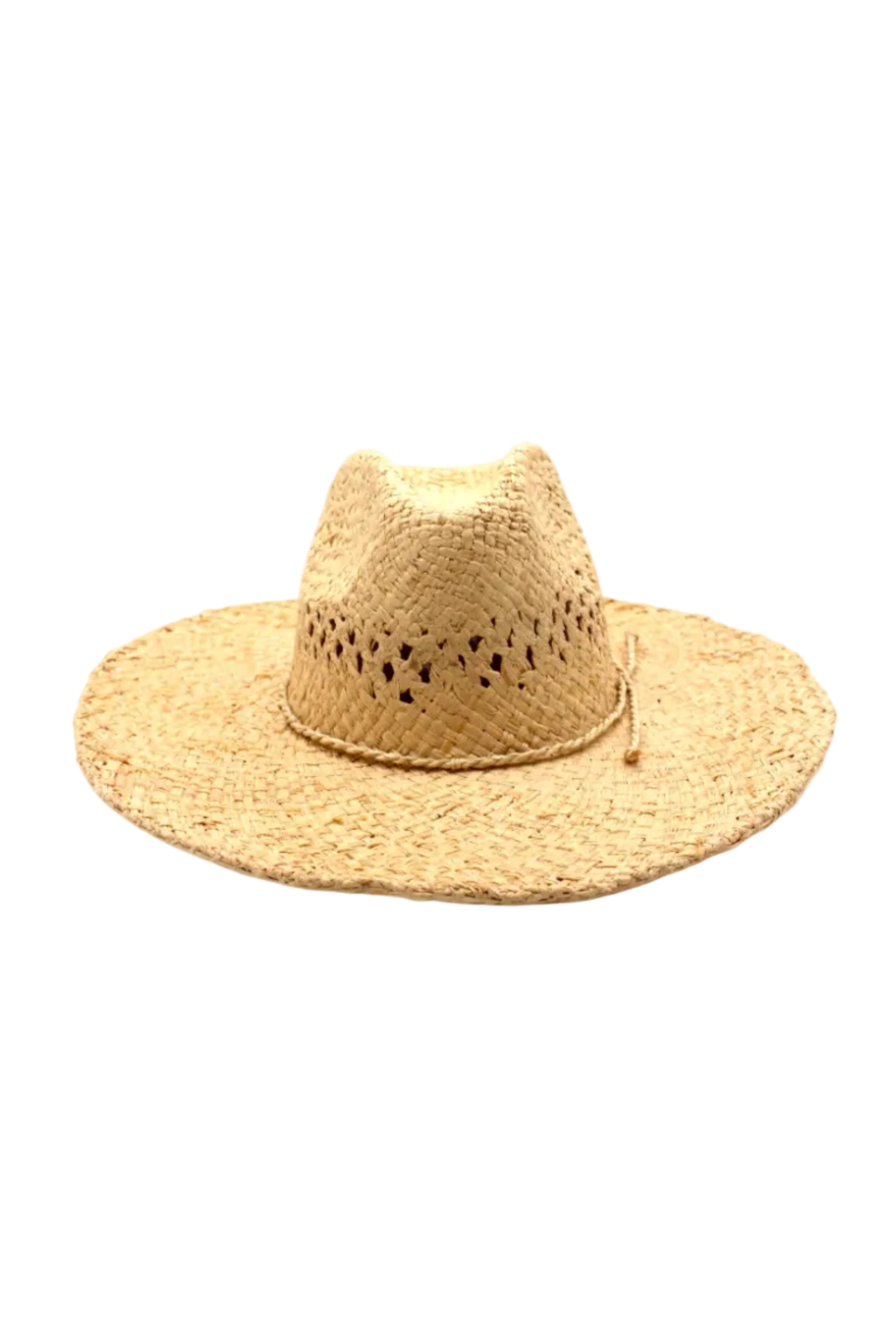 Macho Natural Unisex Straw Cowboy Hat with Adjustable Wire Rim handmade woven raffia in a solid hue of natural straw color in a structured crown style with open weave pattern for breathability and pliable wire rim with matching twisted cord hat band - Shebobo