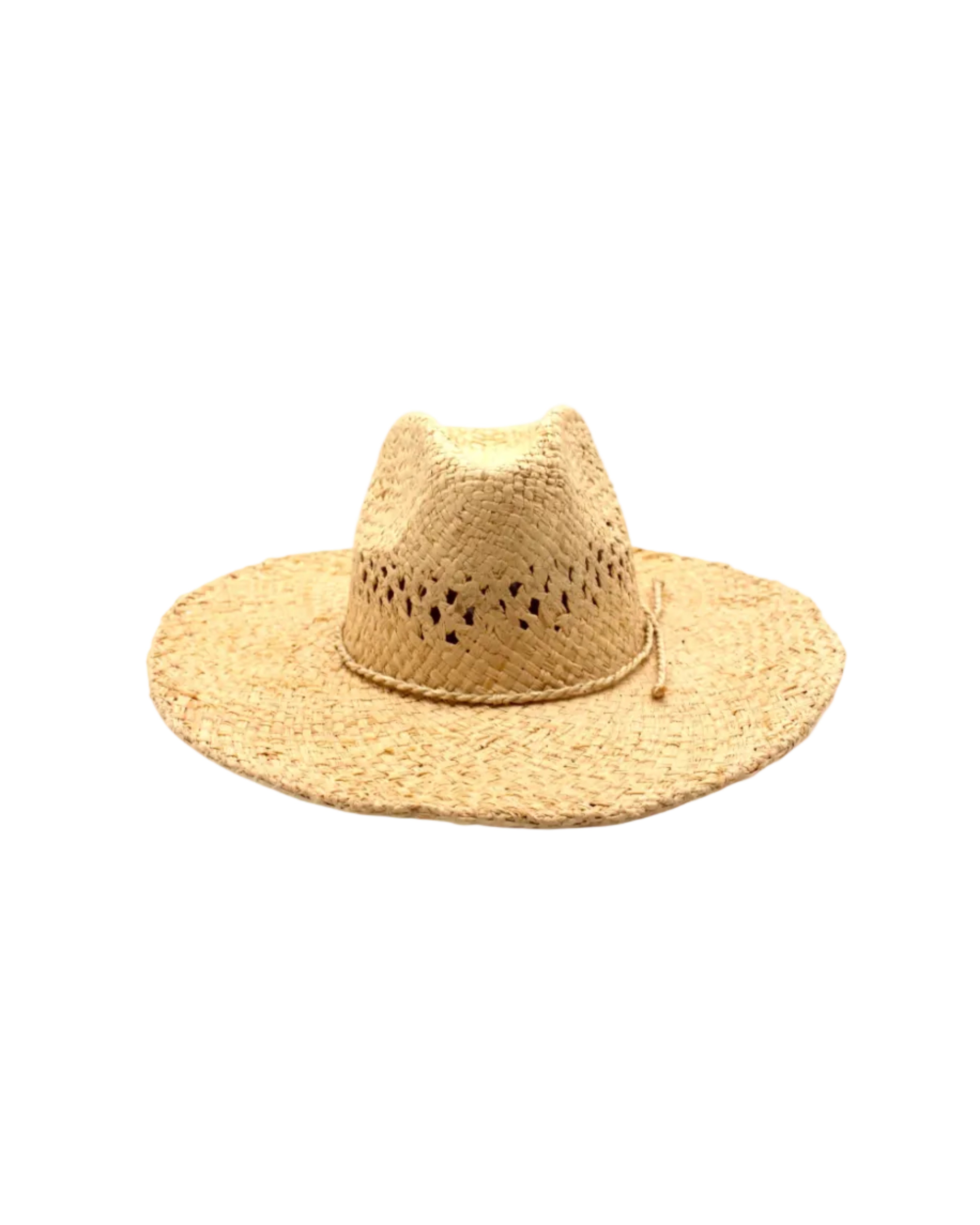 Macho Natural Unisex Straw Cowboy Hat with Adjustable Wire Rim handmade woven raffia in a solid hue of natural straw color in a structured crown style with open weave pattern for breathability and pliable wire rim with matching twisted cord hat band - Shebobo