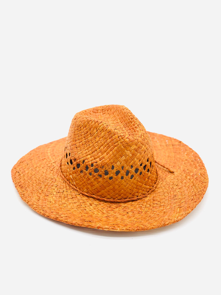Macho Caramel Unisex Straw Cowboy Hat with Adjustable Wire Rim handmade woven raffia in a solid hue of caramel orange/brown in a structured crown style with negative space for breathability and pliable wire rim with matching twisted cord hat band - Shebobo
