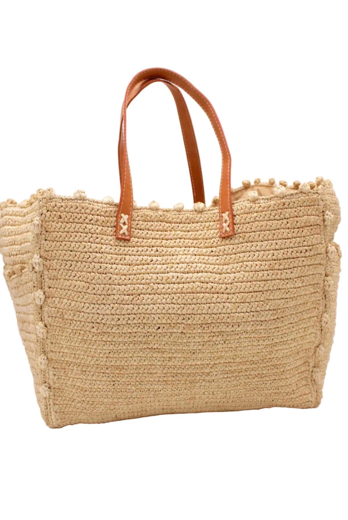 Madeline Natural XL Crochet Raffia Straw Basket Shoulder Bag with Pockets handmade raffia palm fiber in a solid hue of natural straw color with crochet horizontal subtle band texture, round boucle nub edges, oversized external pockets, and leather handles - Shebobo