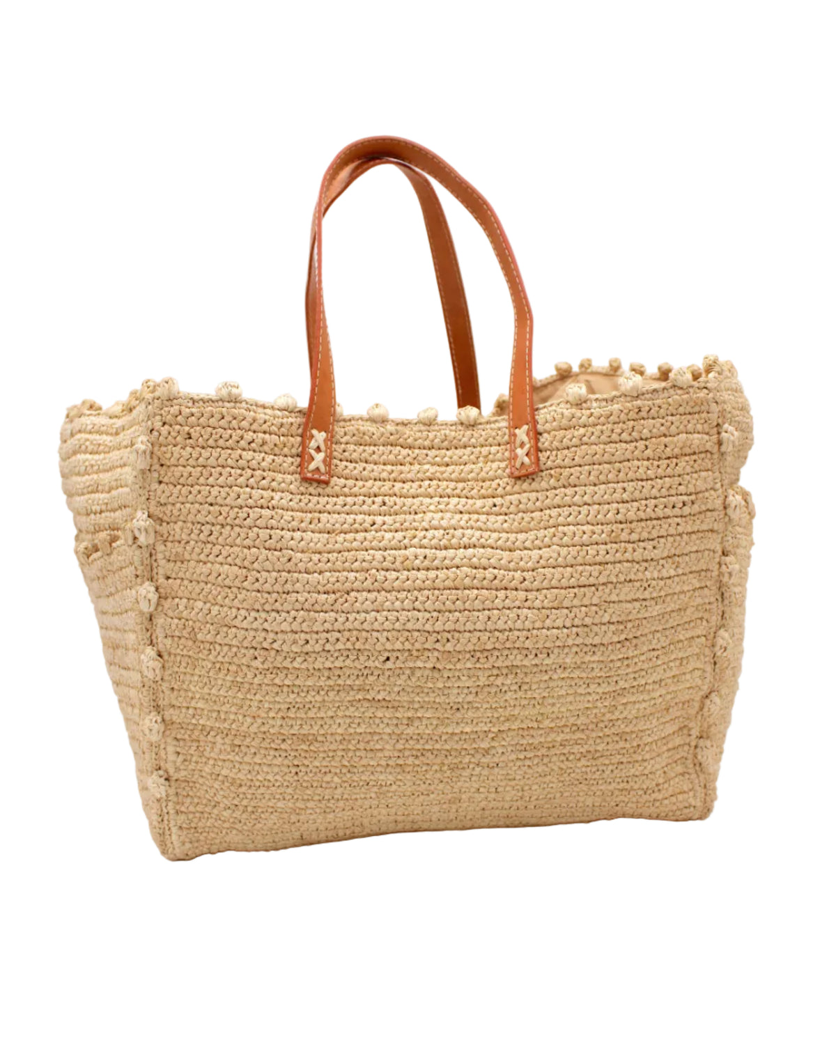Madeline Natural XL Crochet Raffia Straw Basket Shoulder Bag with Pockets handmade raffia palm fiber in a solid hue of natural straw color with crochet horizontal subtle band texture, round boucle nub edges, oversized external pockets, and leather handles - Shebobo