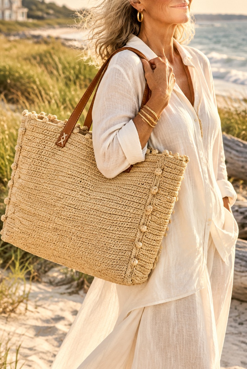Model wearing Madeline Natural XL Crochet Raffia Straw Basket Shoulder Bag with Pockets handmade raffia palm fiber in a solid hue of natural straw color with crochet horizontal subtle band texture, round boucle nub edges, oversized external pockets, and leather handles - Shebobo