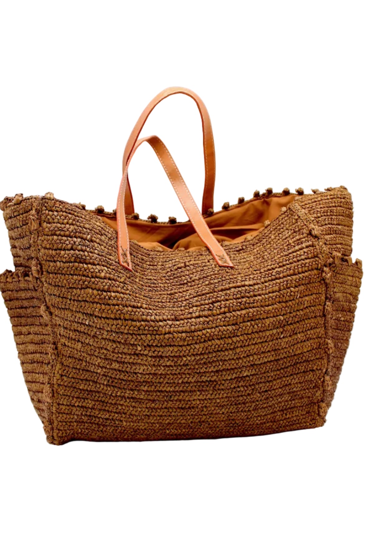Madeline Tobacco XL Crochet Raffia Straw Basket Shoulder Bag with Pockets handmade raffia palm fiber in a solid hue of tobacco dark/cinnamon/brown with crochet horizontal subtle band texture, round boucle nub edges, oversized external pockets, and leather handles - Shebobo