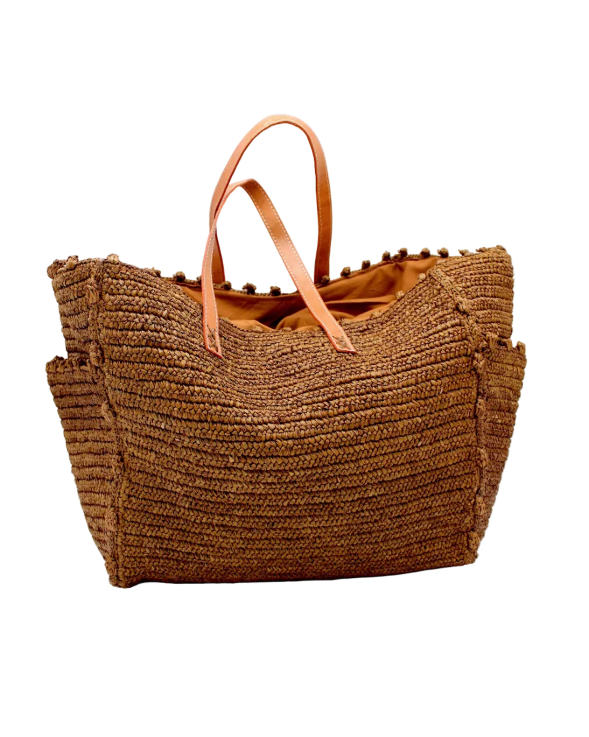 Madeline Tobacco XL Crochet Raffia Straw Basket Shoulder Bag with Pockets handmade raffia palm fiber in a solid hue of tobacco dark/cinnamon/brown with crochet horizontal subtle band texture, round boucle nub edges, oversized external pockets, and leather handles - Shebobo
