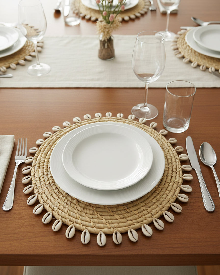 Lifestyle view Makena Round Crochet Natural Raffia Straw Placemats handmade woven raffia palm fiber in a solid hue of natural straw color with coiled loop texture discs with cowrie shell edge embellishment set of six - Shebobo