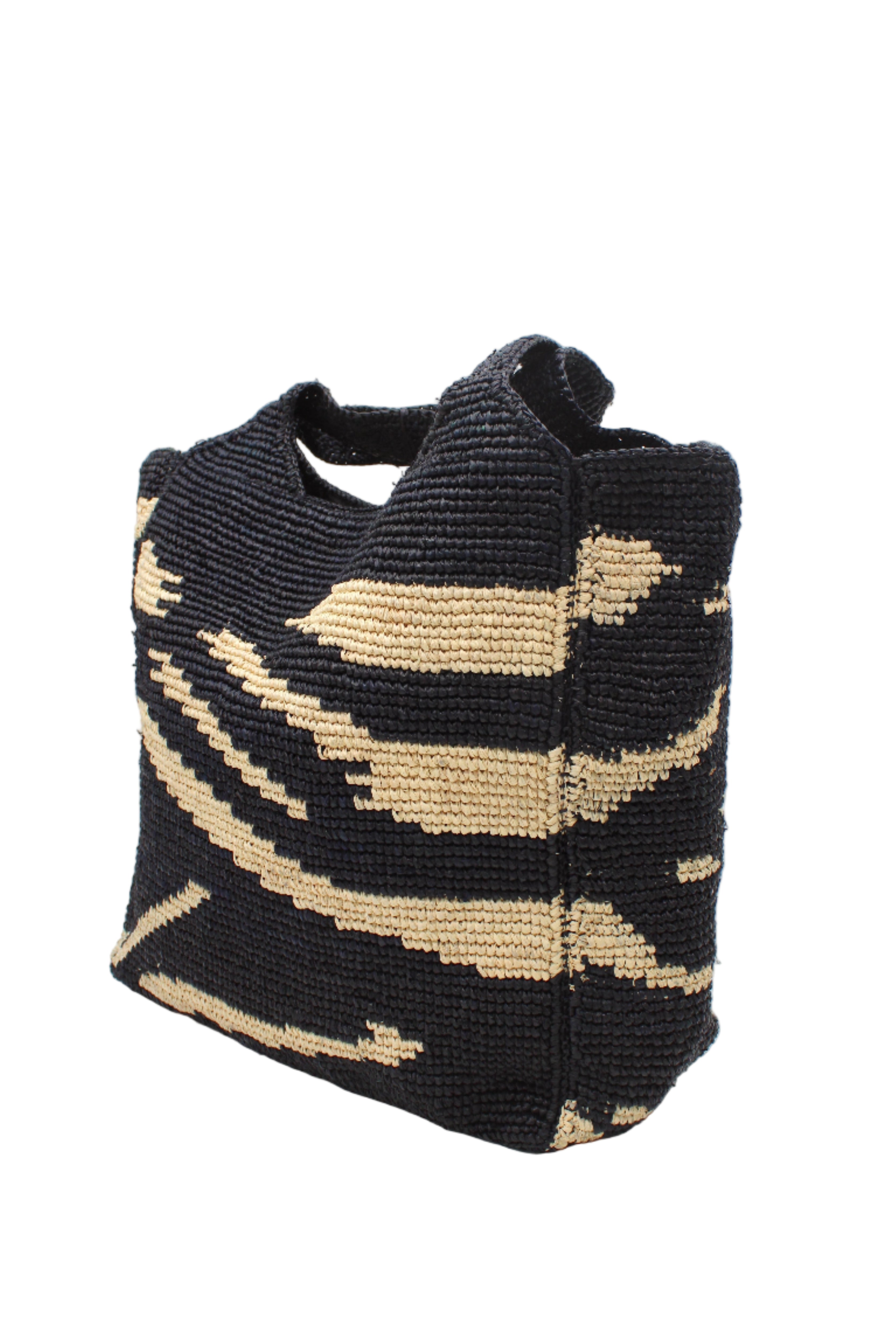 Side view Mamie XL Crochet Straw Basket Handbag handmade crochet natural raffia palm fiber in a two tone black and natural straw color zebra stripe pattern purse beach bag - Shebobo